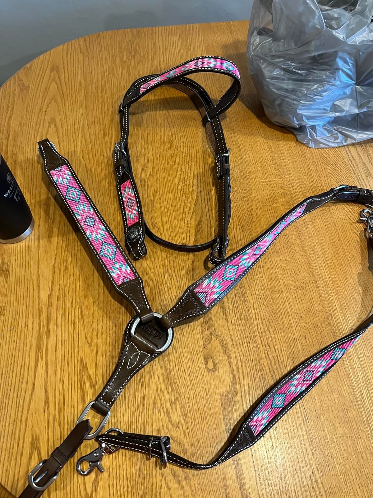 Showman Argentina Cow Leather Headstall & Breast Collar Set w/Pink Navajo Beaded Inlays customer photo 1