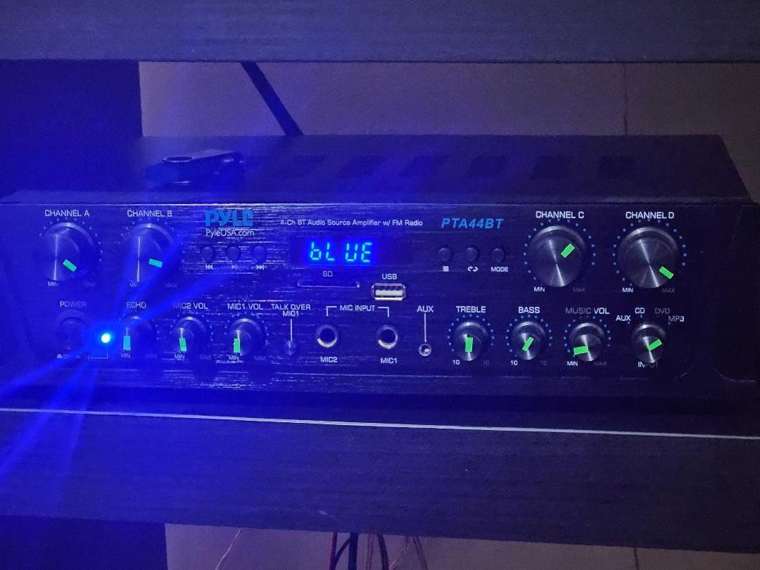 Pyle 4-Channel Audio Amplifier with Bluetooth - Home Stereo Receiver w/ 500W Max Power - Commercial or Karaoke - Dual Mic Input with Echo, Vol, Talk-Over - AUX In - Sub Out - USB-A MP3 Player, AM/FM customer photo 2
