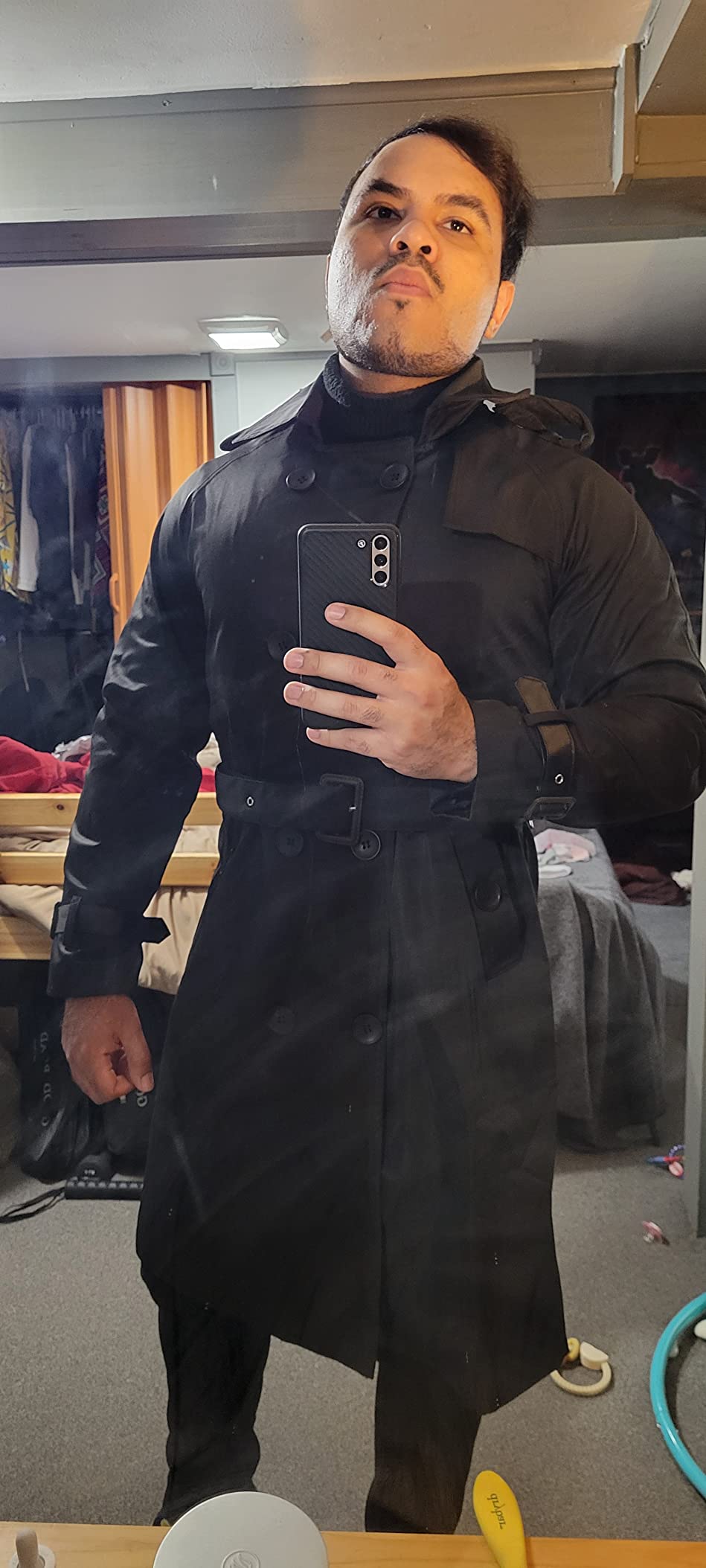 Men's Double Breasted Trench Coat Stylish Slim Fit Mid Long Belted Windbreaker customer photo 1