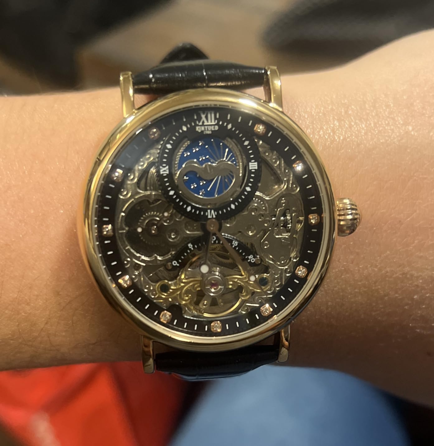 Bestn Mens Luxury Skeleton Automatic Mechanical Wrist Watches Leather Moon Phrase Luminous Hands Self-Wind Watch customer photo 1