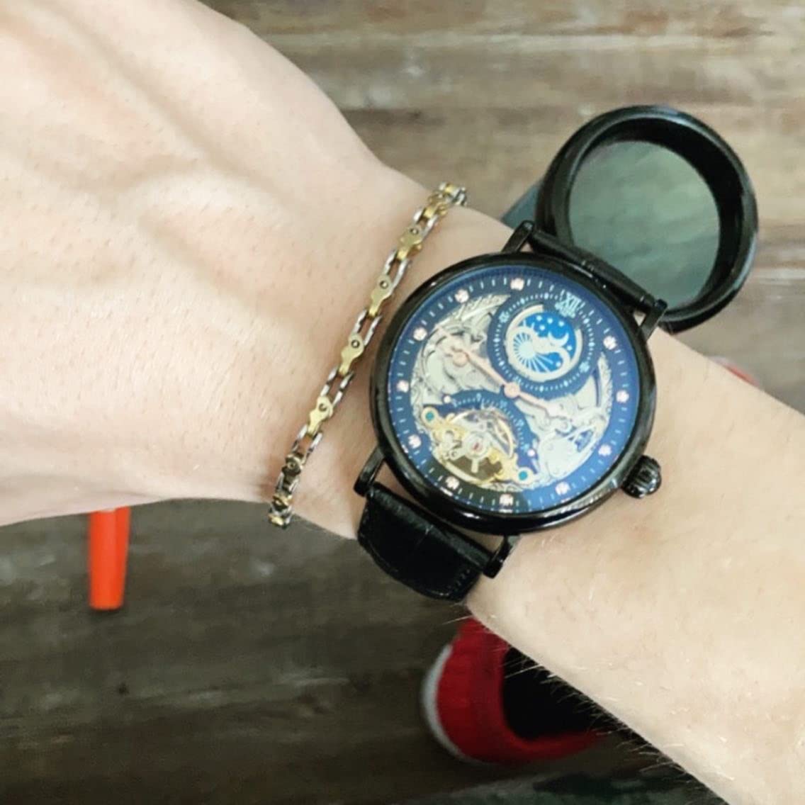Bestn Mens Luxury Skeleton Automatic Mechanical Wrist Watches Leather Moon Phrase Luminous Hands Self-Wind Watch customer photo 2