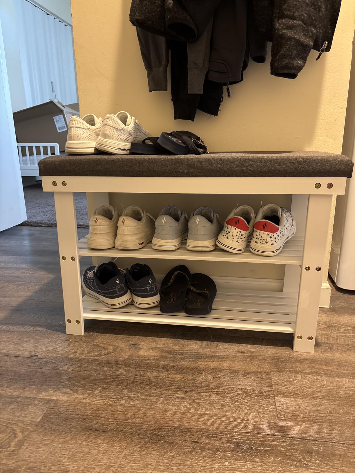 SONGMICS Bamboo Shoe Bench, 3-Tier Shoe Rack, 11.9 x 28.3 x 19.2 Inches | Stable Shoe Organizer, Holds Up to 300 lb, Rustic Walnut and Slate Gray customer photo 1