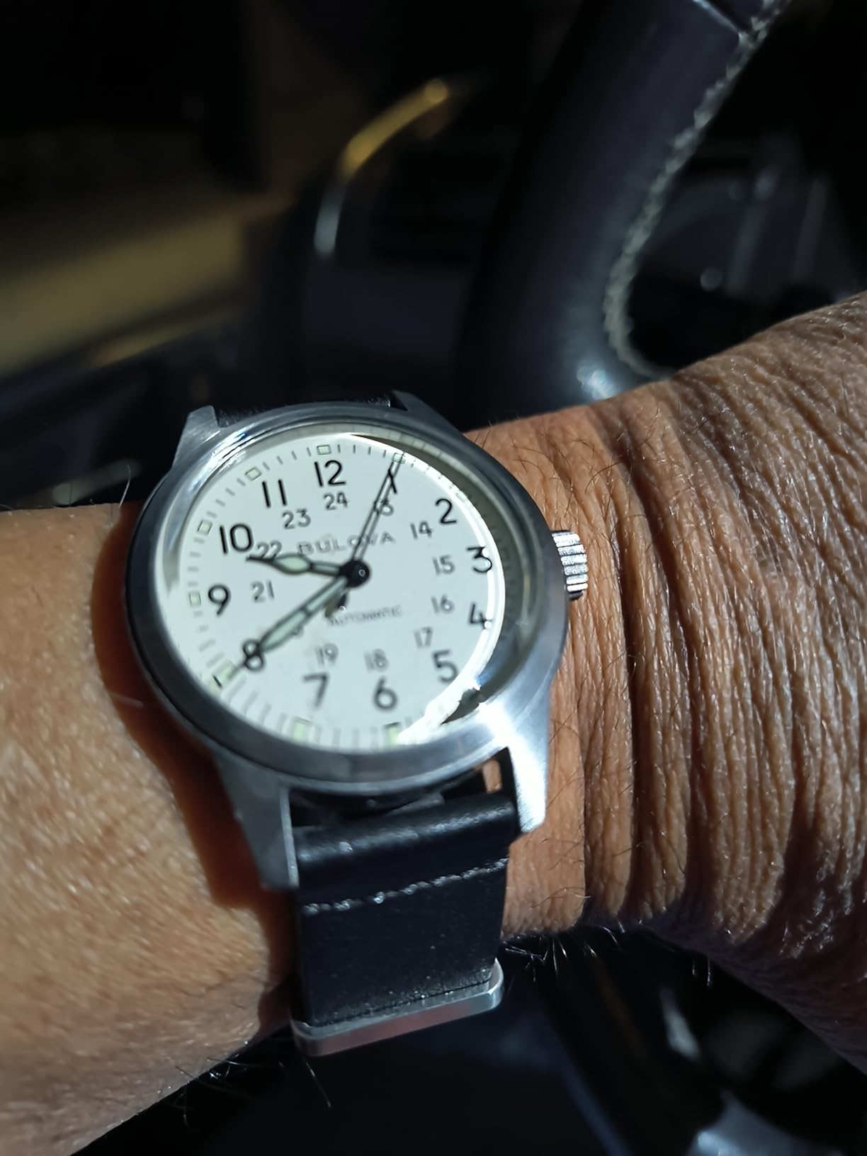 Men's Military Heritage Hack Stainless Steel 3-Hand Automatic Watch, NATO Leather Strap, Luminous Hands and Markers, Black Leather/Ivory Dial customer photo 1