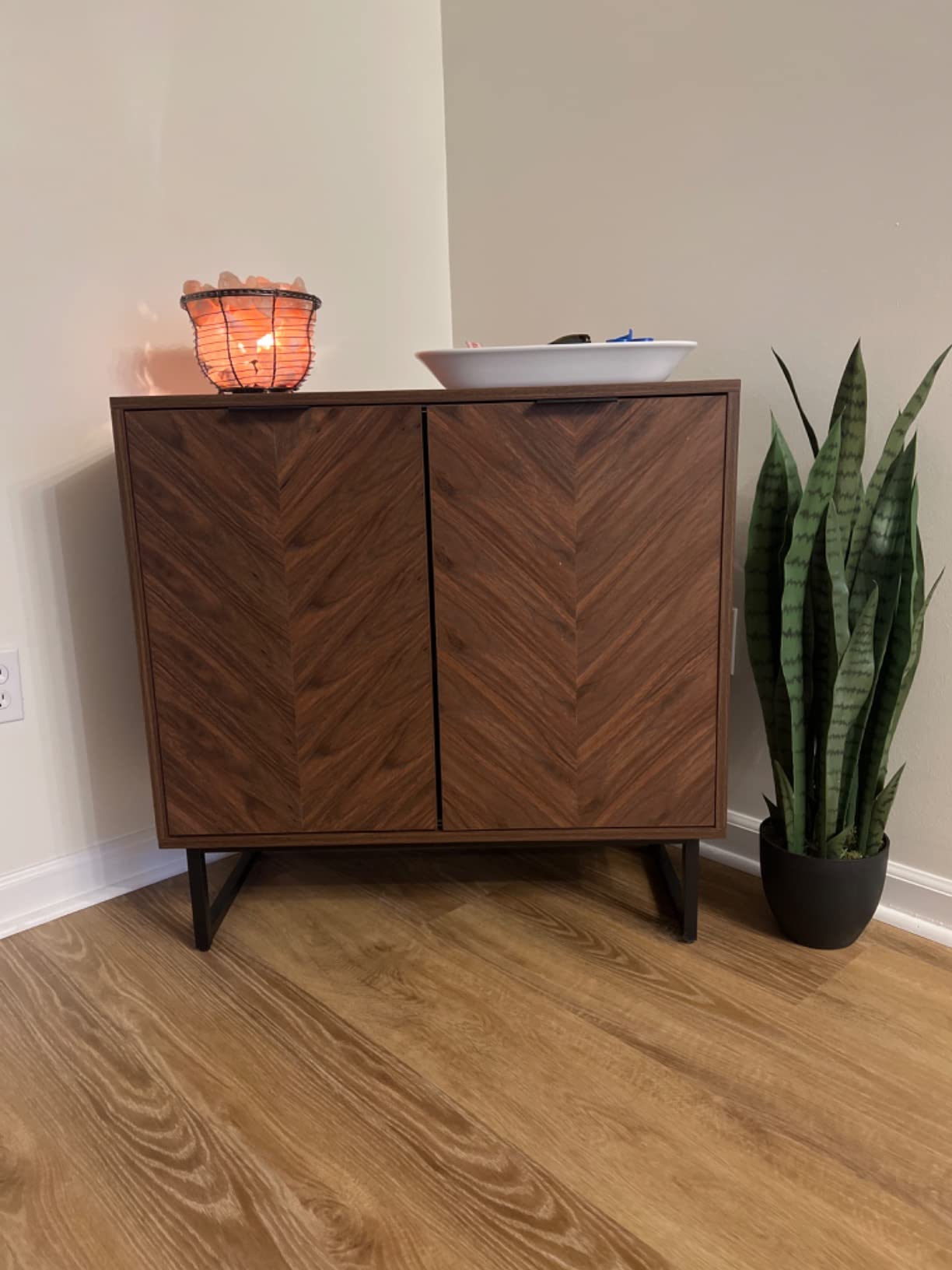 Nathan James Enloe Modern Storage Free Standing Accent Cabinet White with Doors in a Rustic Pine Wood Finish and Gold Powder-coated Metal Base customer photo 1