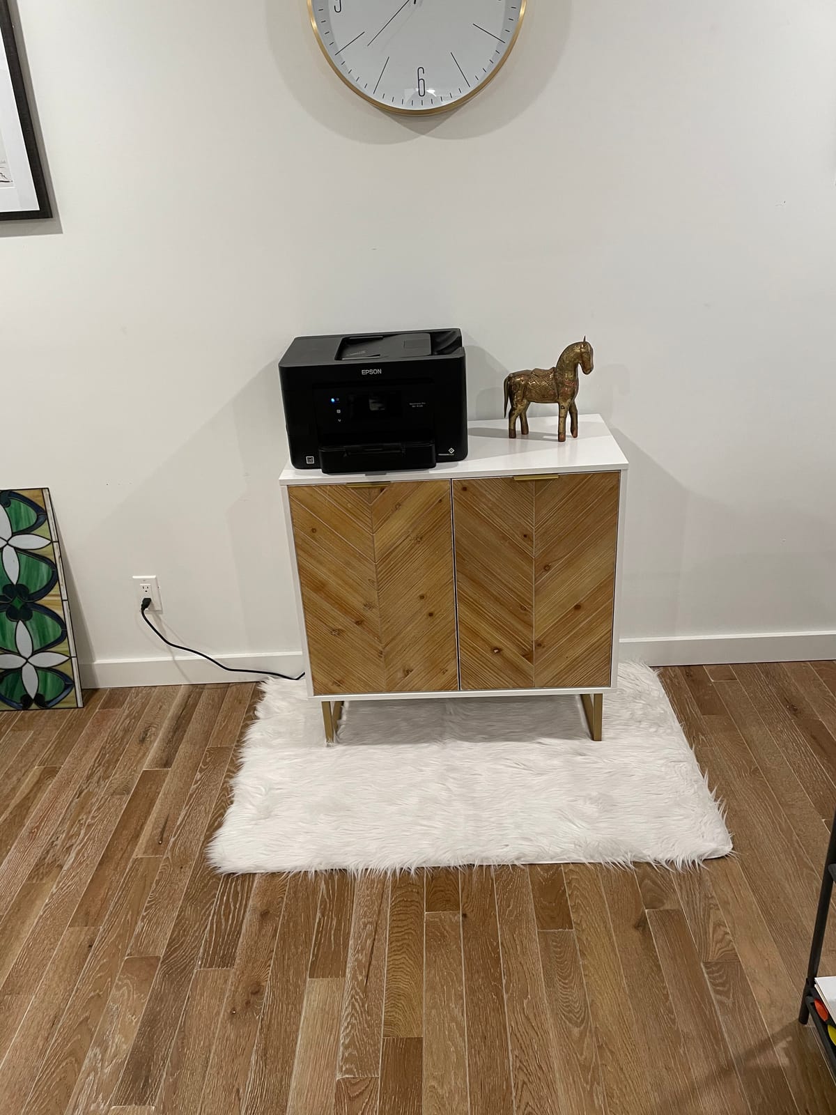 Nathan James Enloe Modern Storage Free Standing Accent Cabinet White with Doors in a Rustic Pine Wood Finish and Gold Powder-coated Metal Base customer photo 2