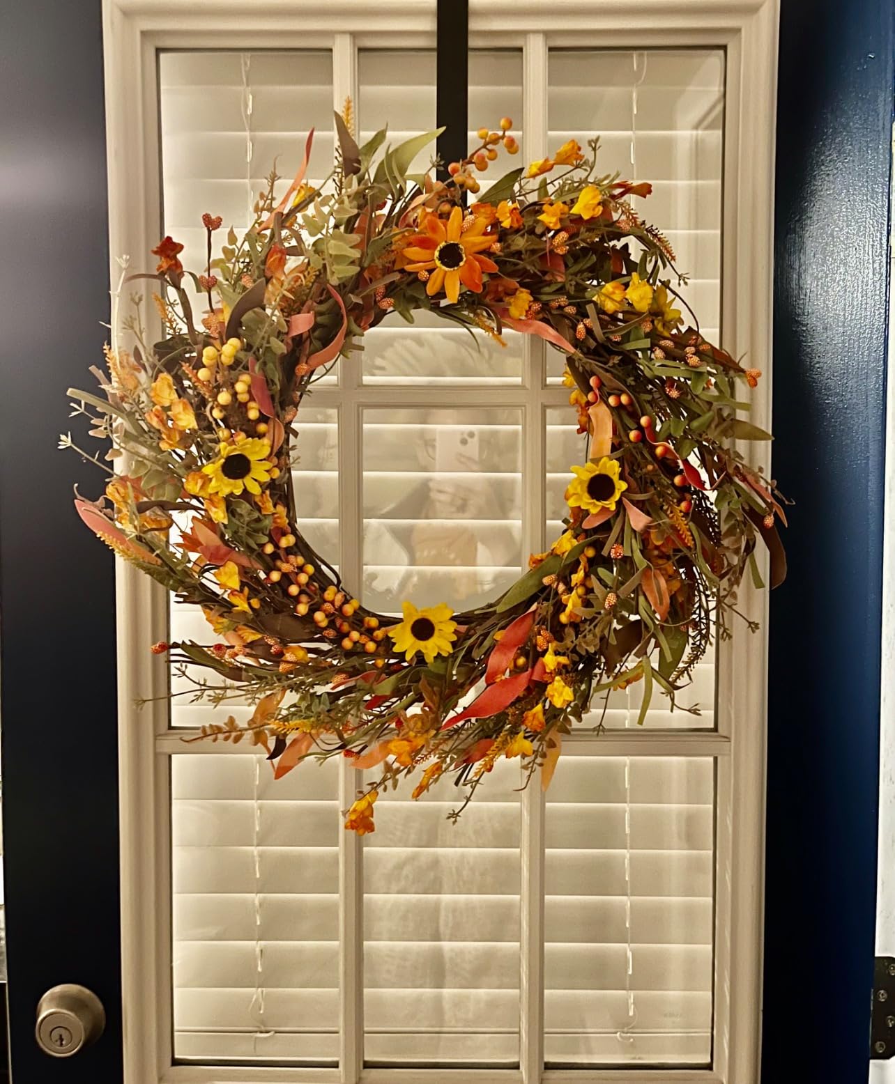 JINGHONG 24 Inch Fall Wreaths for Front Door, Artificial Autumn Wreath with Sunflowers, Berries and Leaves, Thanksgiving Harvest Wreath for Porch Wall Window Fireplace Farmhouse Home Decor customer photo 2