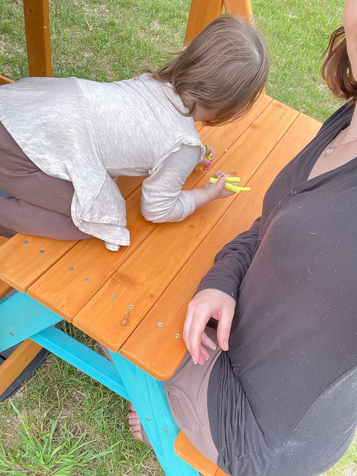 Teamson Kids - Wooden Outdoor Child Children Kids Picnic Table & Chair Bench Set - Brown/Aqua customer photo 1