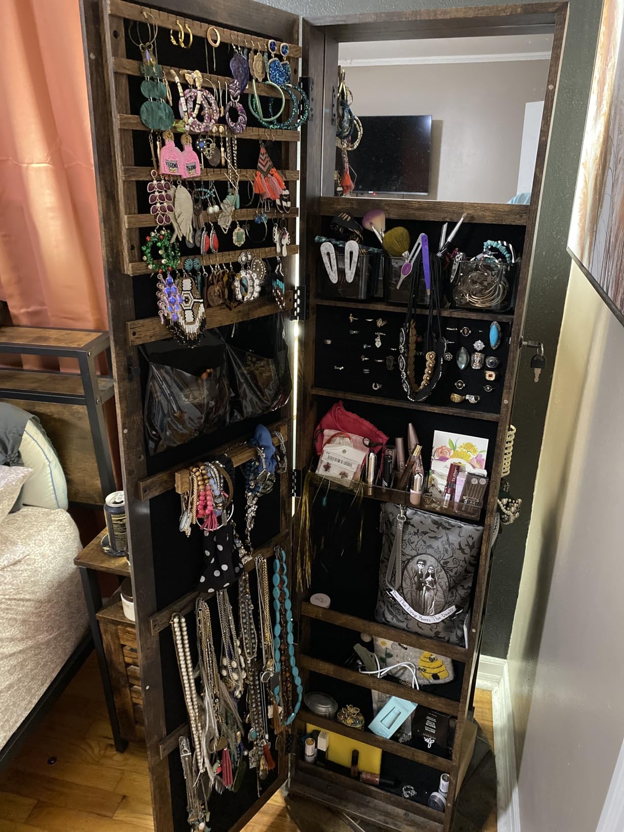 SONGMICS 360° Swivel Jewelry Cabinet, Full-Length Mirror, Lockable | Jewelry Armoire Organizer, Mirror with Storage, Rear Storage Shelves, Interior Mirror, Gift Idea, Rustic Brown UJJC006X01 customer photo 1