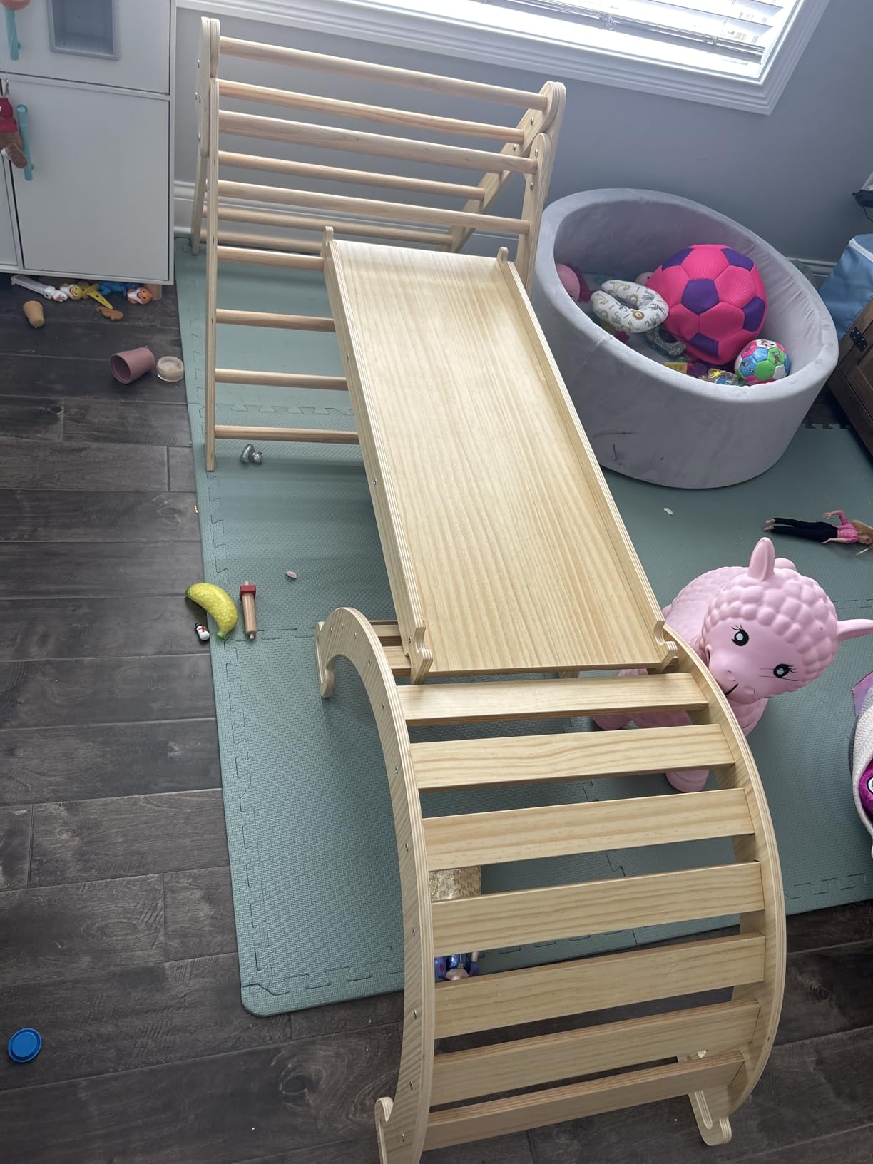 Avenlur 5-in-1 Pikler Triangle Set – Hazel Montessori Indoor Jungle Gym – Climbing Triangle, Waldorf Rocker, Toddler Indoor Climbing Toys, & Slide – Wooden Indoor Playground Playset, Ages 2-7 customer photo 1