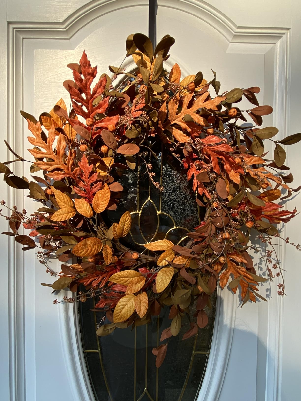 AMF0RESJ Artificial Fall Wreath for Front Door Autumn Wreath for Home Decor | Bright Oak Leaves,Small Pumpkin,Berry Branches,Mixed Leaves for Farmhouse Indoor Outdoor Window Wall Door Decor customer photo 2