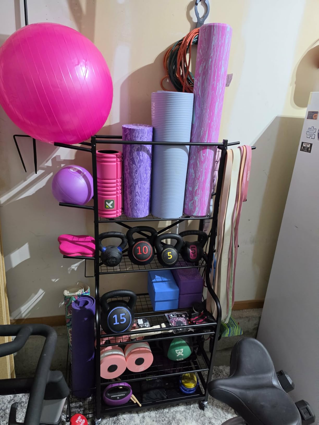 Mythinglogic Home Gym Rack for Dumbbells, Yoga Mats and Workout Equipment - All-in-one storage for dumbbells, kettlebells, yoga mats and fitness gear with metal shelves, hooks and locking wheels customer photo 1