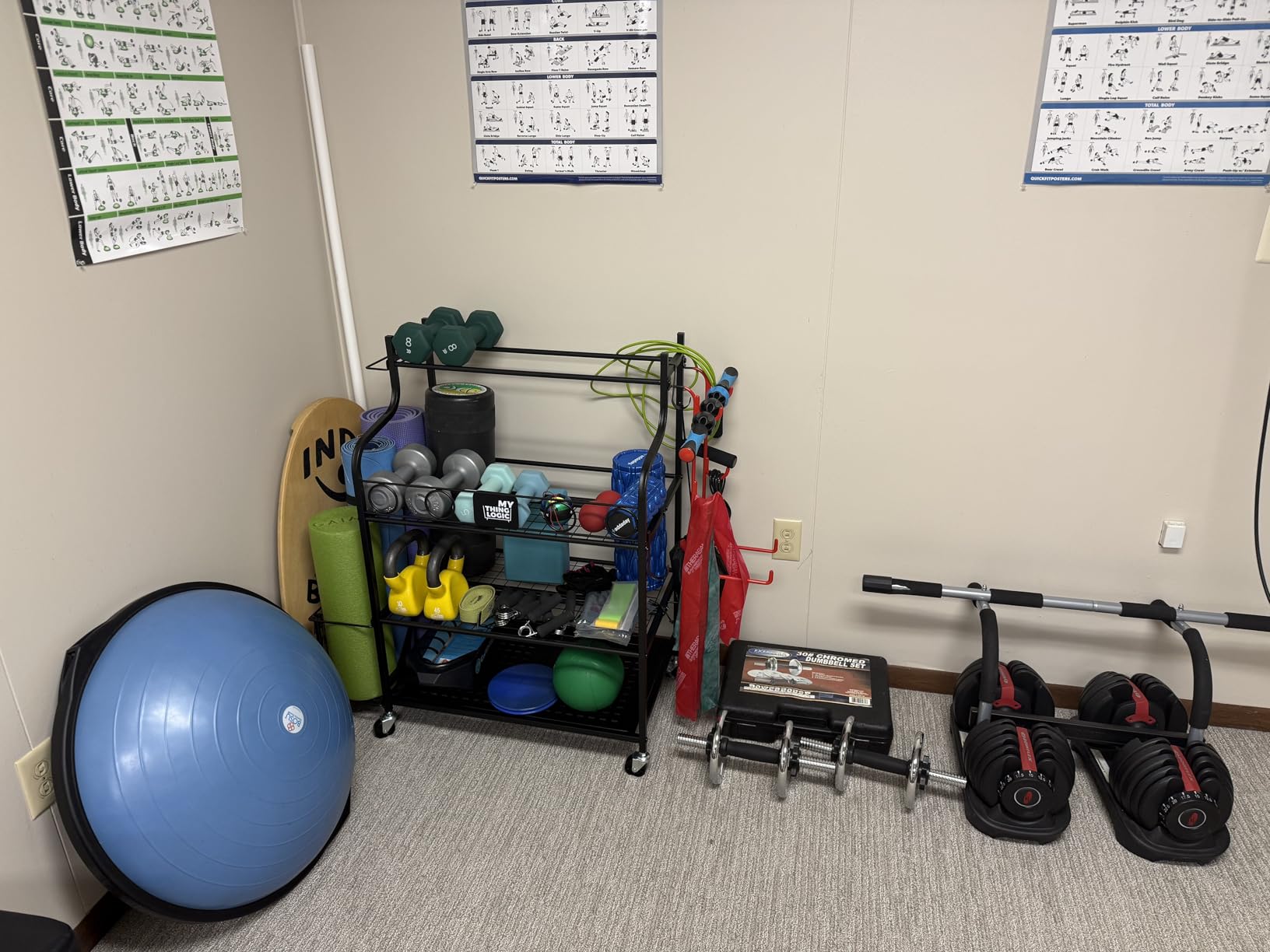 Mythinglogic Home Gym Rack for Dumbbells, Yoga Mats and Workout Equipment - All-in-one storage for dumbbells, kettlebells, yoga mats and fitness gear with metal shelves, hooks and locking wheels customer photo 2