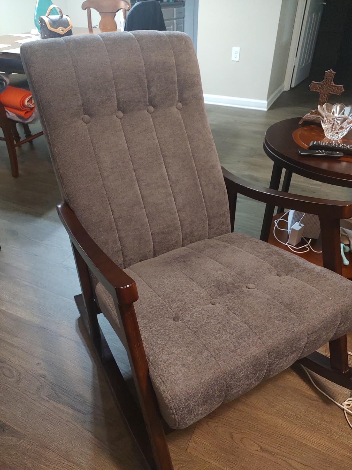 AVAWING Rocking Chair, Dark Grey Upholstered High Back Solid Wood Armchair | Soft Fabric Padded Seat; Sturdy Solid Wood Frame; Ergonomic High Back; For Adults; Easy Assembly; Living Room Bedroom Leisure customer photo 2
