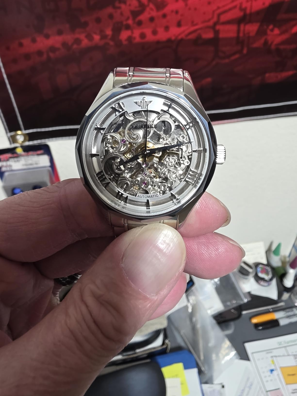 OUPINKE Gold Skeleton Watches for Men, Luxury Dress, Automatic Mechanical customer photo 1