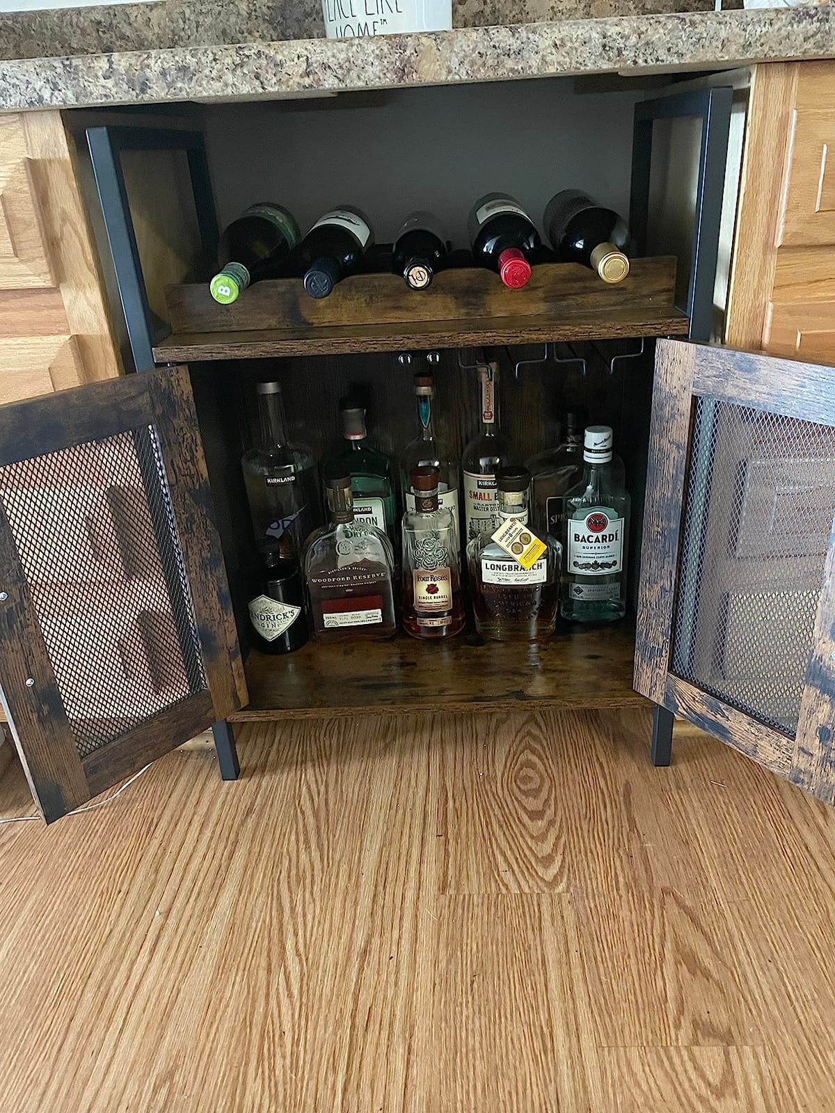 X-cosrack Wine Bar Rack Cabinet with Detachable Wine Rack, Coffee Bar with Glass Holder, Small Sideboard and Buffet Cabinet with Mesh Door, Rustic Brown customer photo 2