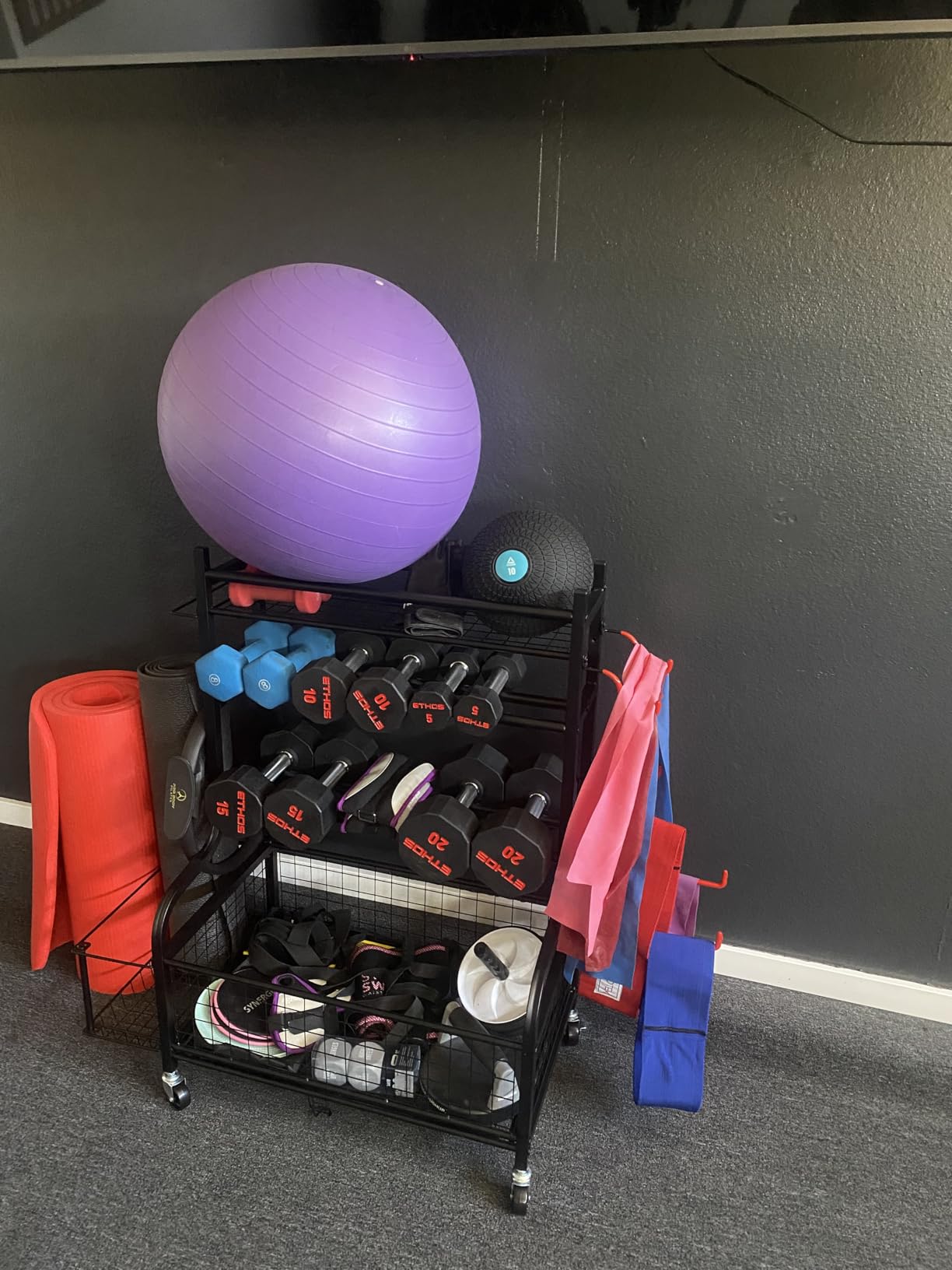 PLKOW Dumbbell Rack, Weight Rack for Home Gym Storage with Wheels and Hooks | Organize dumbbells, kettlebells, yoga mats, balls and workout accessories in one mobile, space-saving home gym storage rack. customer photo 1
