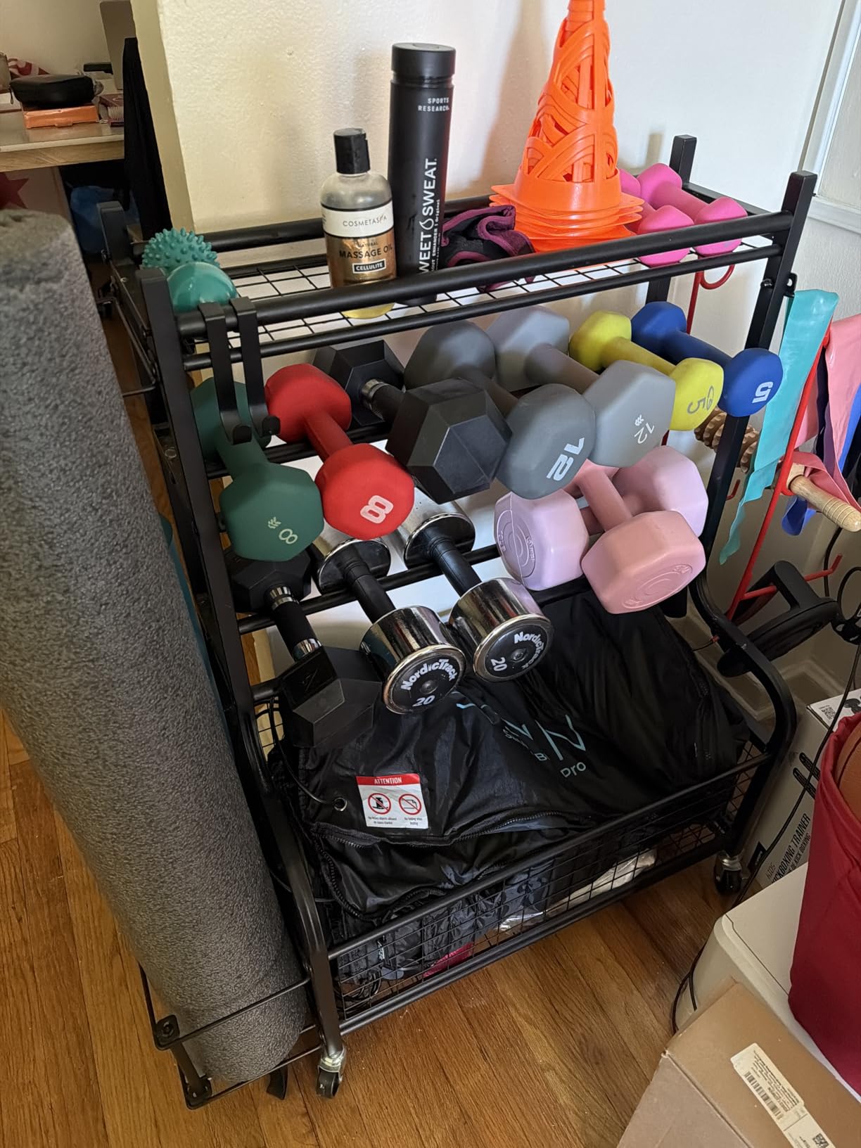 PLKOW Dumbbell Rack, Weight Rack for Home Gym Storage with Wheels and Hooks | Organize dumbbells, kettlebells, yoga mats, balls and workout accessories in one mobile, space-saving home gym storage rack. customer photo 2