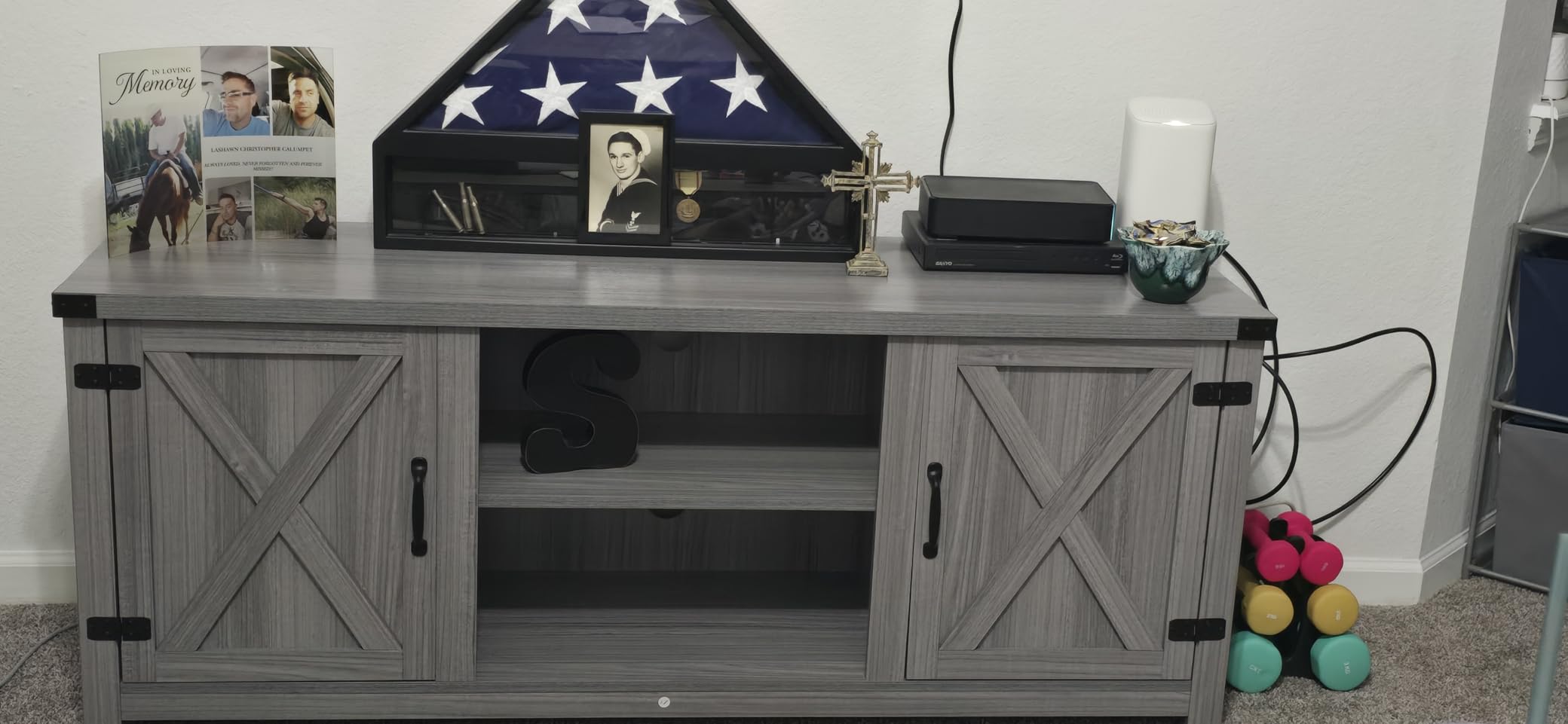 YESHOMY Modern Farmhouse TV Stand with Barn Door for 65 Inch TV, Gray Wash customer photo 2