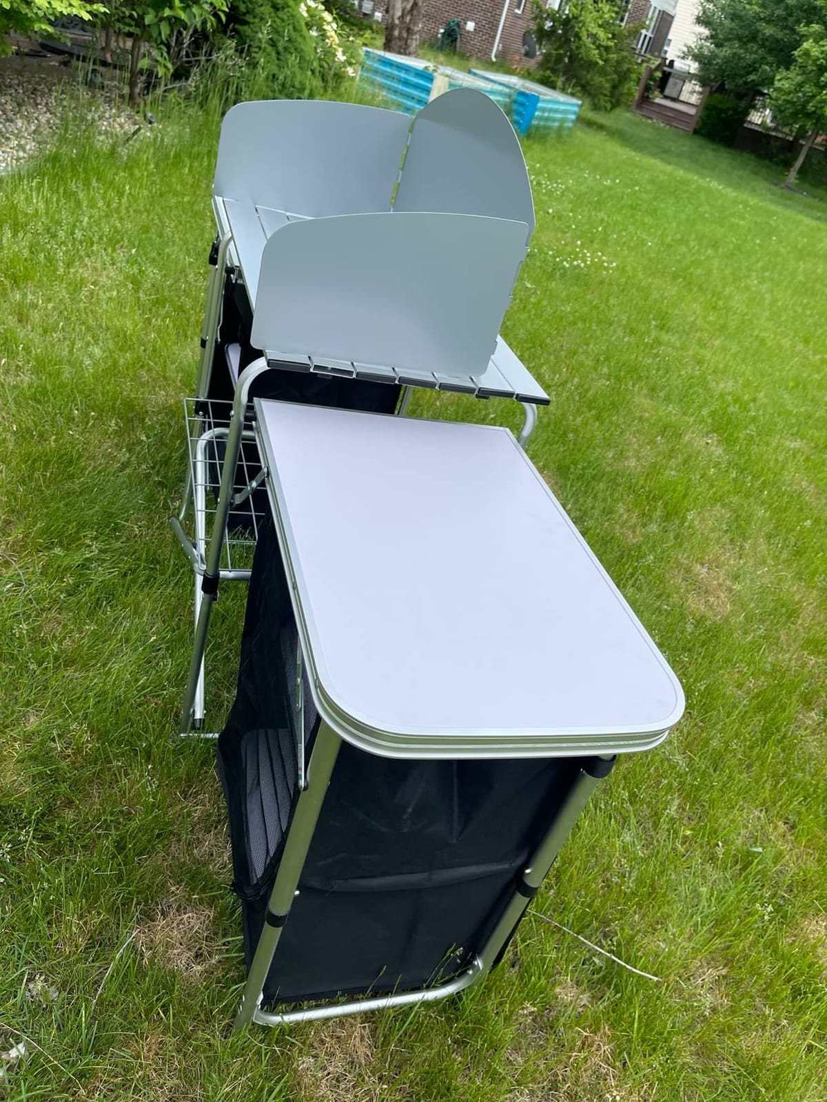 Goplus Folding Camping Kitchen Table with Storage, Aluminum Portable Outdoor Cooking Table with Windscreen, Foldable Camp Table Cook Station for BBQ, Grill, Party, Picnics, 68D x 19W x 43.5H in, Black customer photo 2