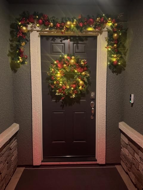WANNA-CUL 30 Inch Pre-Lit Red Gold Christmas Wreaths for Front Door, Timer Lighted with 50 LED Lights, Large Ball Ornaments Pine Cones Battery Operated customer photo 1