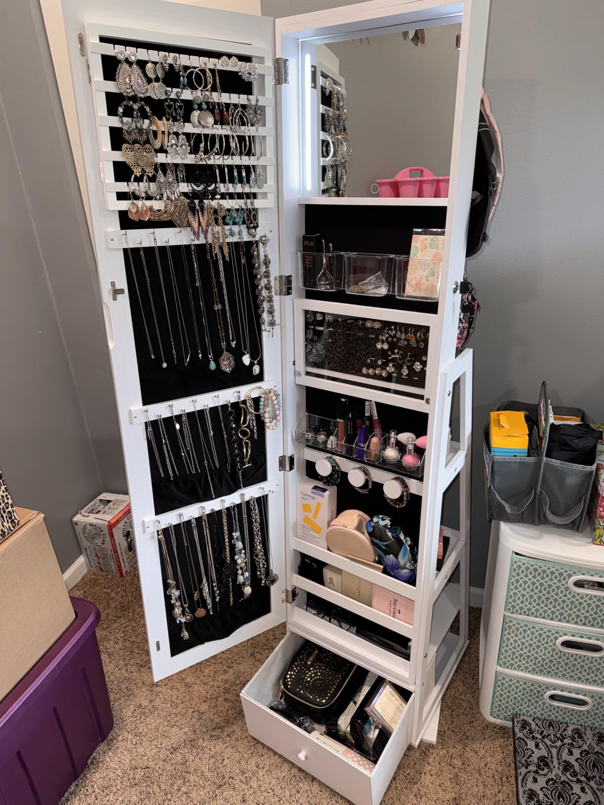 Nicetree 360° Swivel Jewelry Cabinet with Lights, Full Length Mirror, Lockable | Standing Mirror Jewelry Cabinet, Lighted Interior Mirror, Rear Shelves, Flip-over Shelf, Grain White customer photo 2