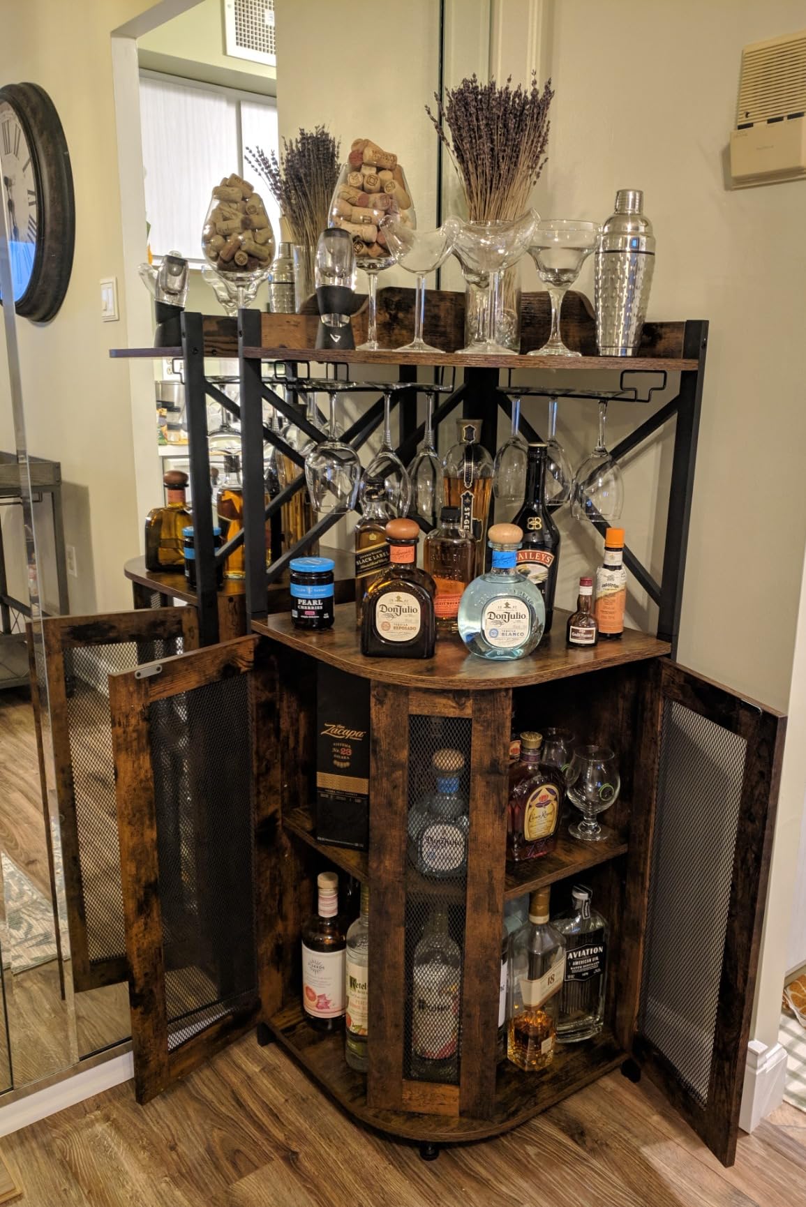 JKsmart Corner Bar Cabinet with LED Lights, Industrial Wine Cabinet with Glass Holder, 4-Tier Wine Cabinet with Door and Shelf, Farmhouse Home Bar for Liquor Wine Coffee Storage, Rustic Brown customer photo 1