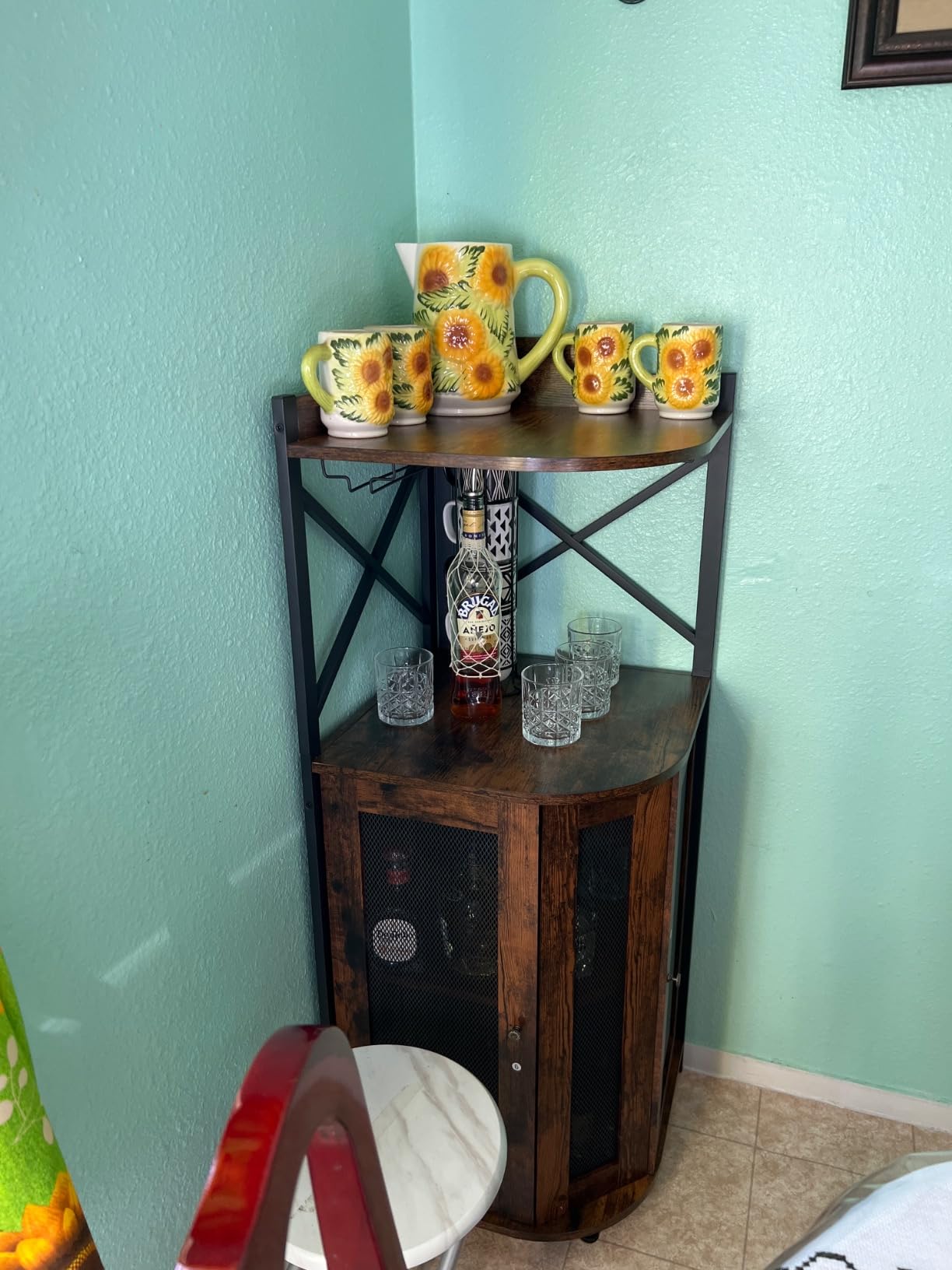 JKsmart Corner Bar Cabinet with LED Lights, Industrial Wine Cabinet with Glass Holder, 4-Tier Wine Cabinet with Door and Shelf, Farmhouse Home Bar for Liquor Wine Coffee Storage, Rustic Brown customer photo 2