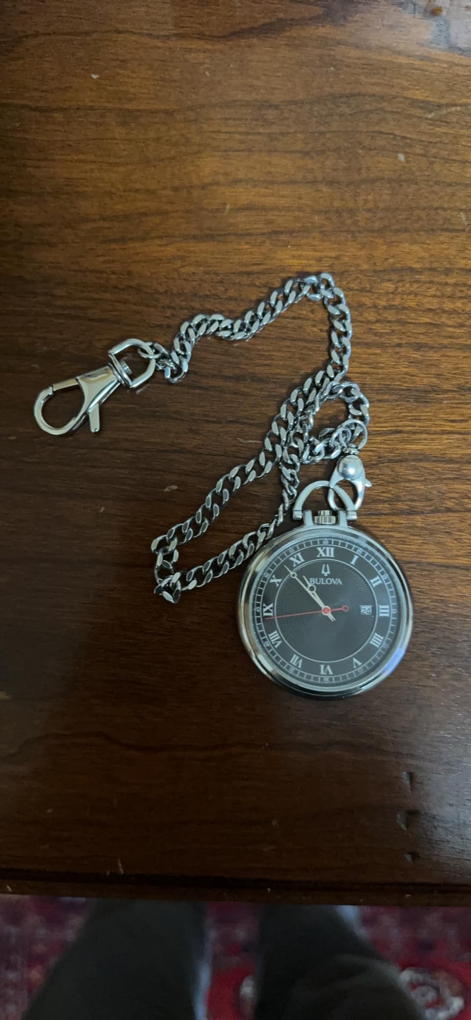 Bulova Classic Pocket Watch 3-Hand Date Quartz Stainless Steel, Black Dial with Detachable Chain Style: 96B308 customer photo 1