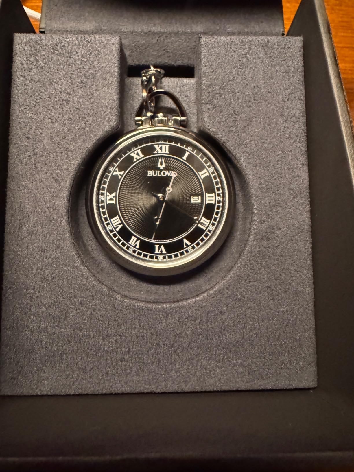 Bulova Classic Pocket Watch 3-Hand Date Quartz Stainless Steel, Black Dial with Detachable Chain Style: 96B308 customer photo 2