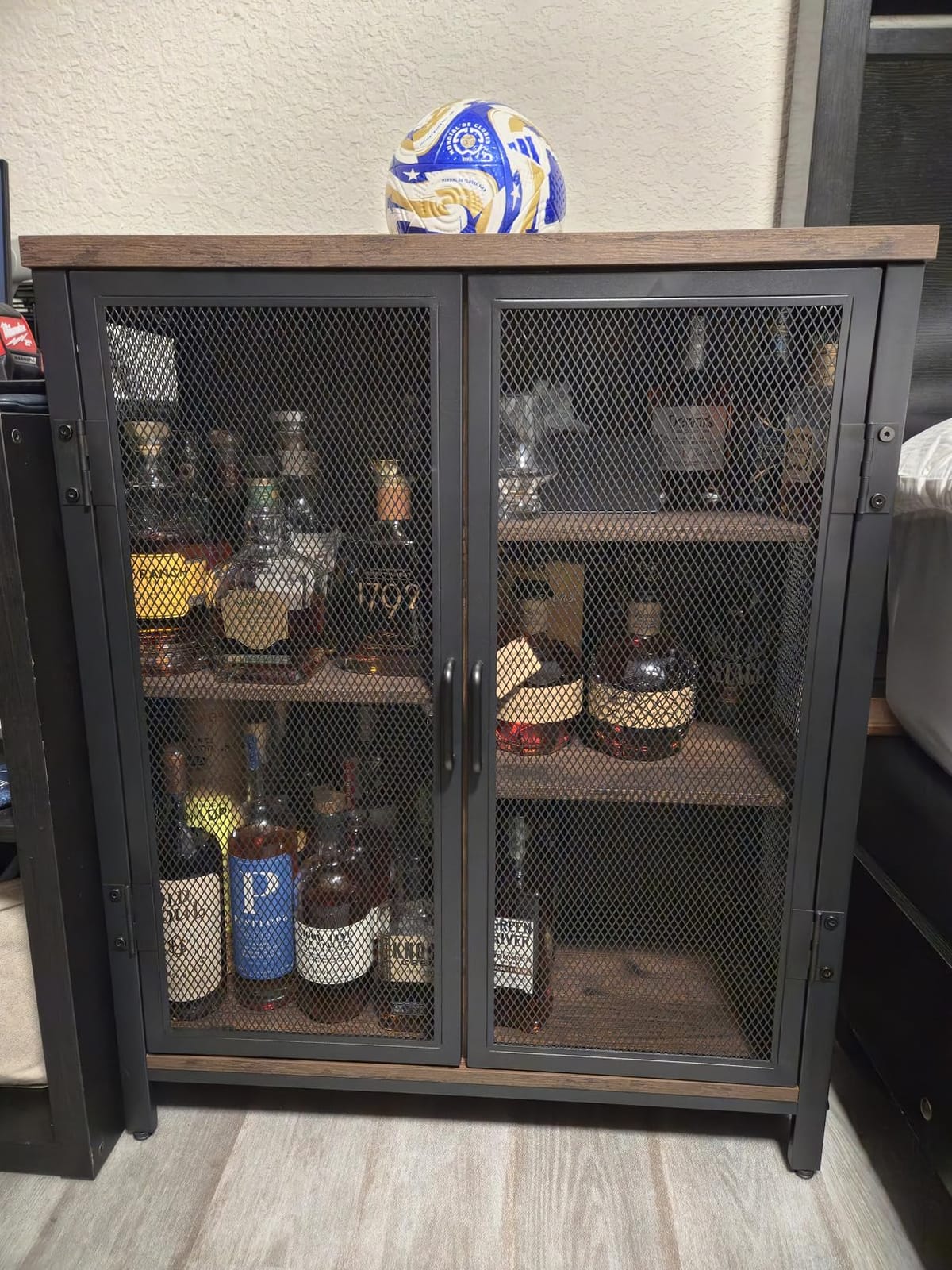 BON AUGURE Coffee Bar Cabinet for Liquor, Small Storage Cabinet, Rustic Oak | 2 Doors, Industrial Alcohol Cabinet, Adjustable Shelves, Farmhouse Sideboard Buffet for Home Kitchen, Dining, Living Room customer photo 1
