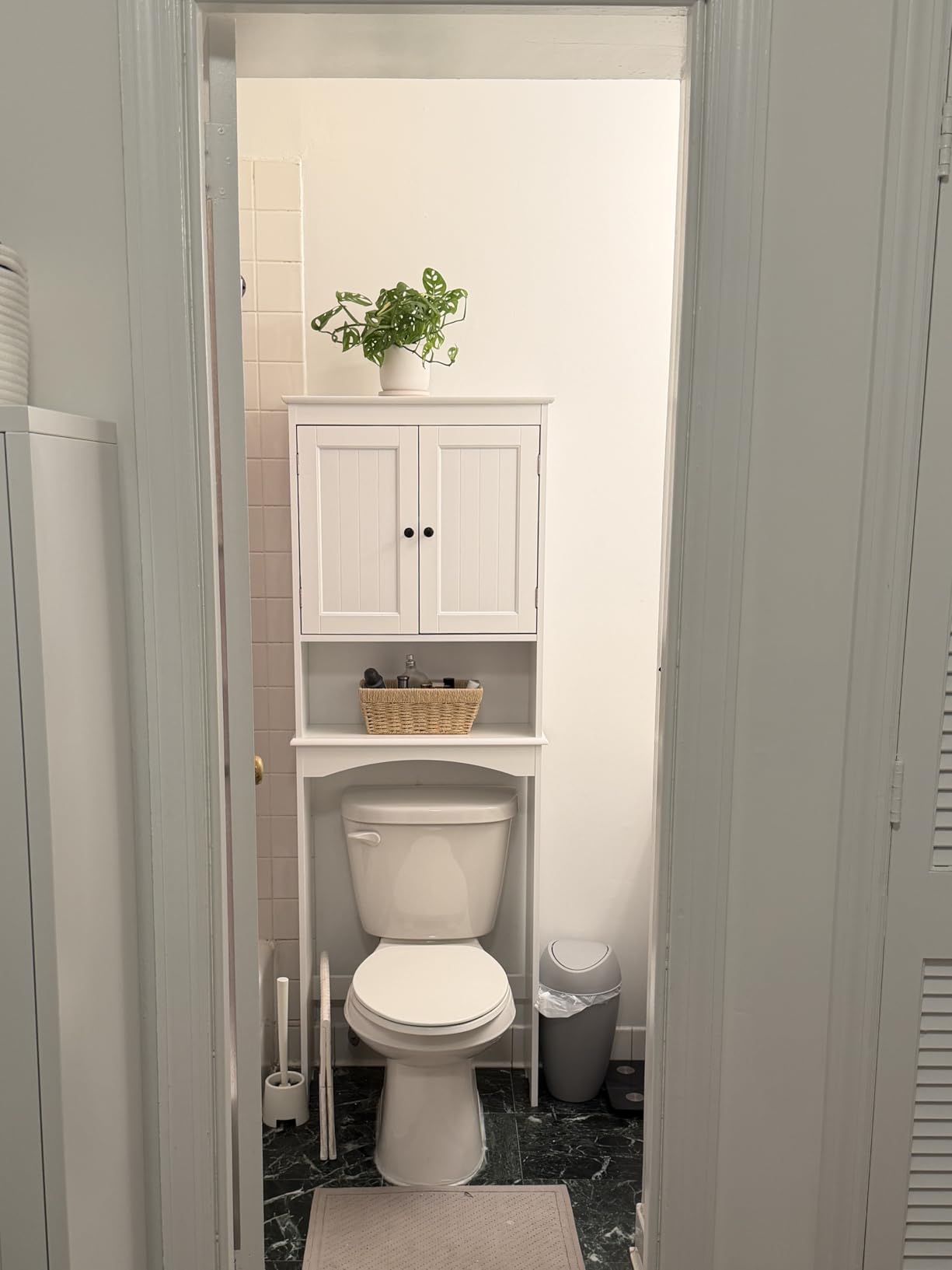Gizoon Over the Toilet Storage Cabinet with Adjustable Shelf, White | Bathroom Space Saver Organizer Above Toilet with Open Shelf and Double Doors, Taller Wooden Free Standing Toilet Rack customer photo 2