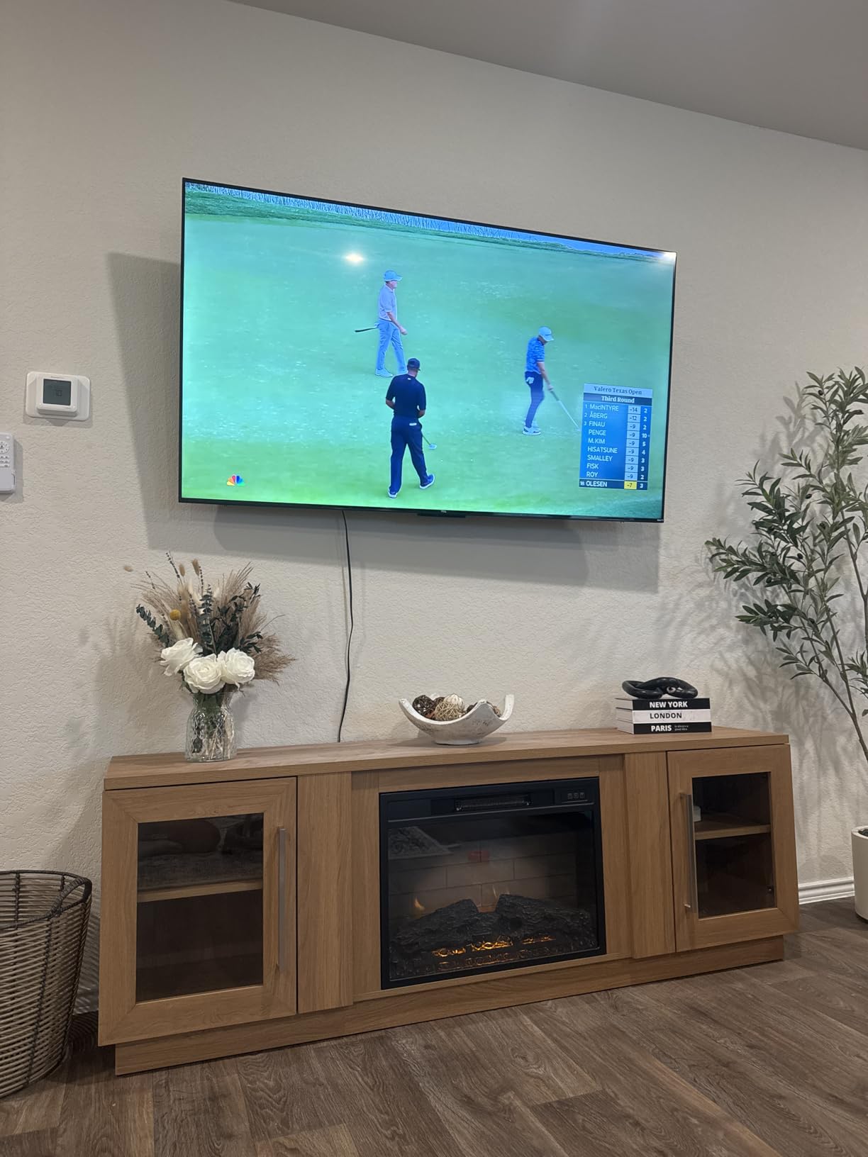 Cheerway 3D Fireplace TV Stand for TVs up to 80’’, Wooden Media Entertainment Center Table & TV Cabinets w/Storage Shelves & Barn Door, Electric Fireplace w/Remote Control customer photo 1