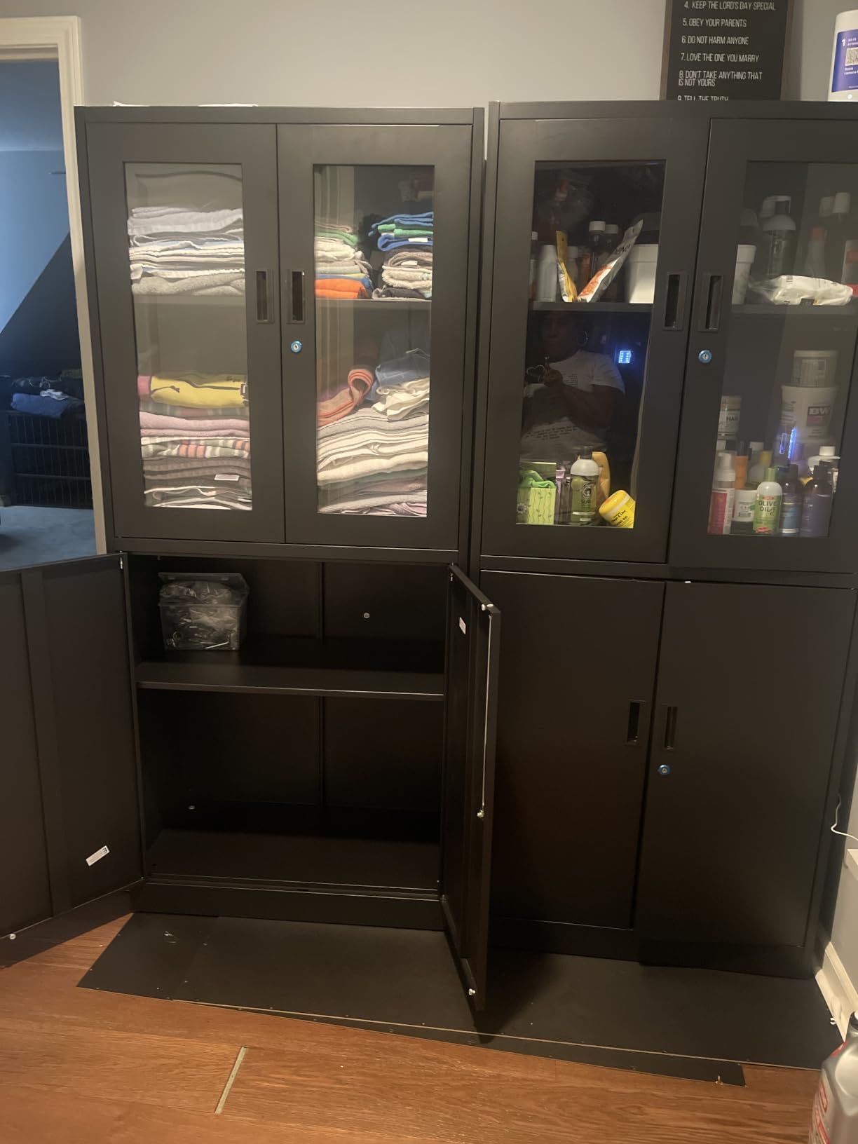 PEUKC Display Cabinet with Glass Doors, 71 Inches Metal Display Case with 4 Adjustable Shelves, Curio Storage Cabinet with Lock for Home, Office, Book, Pantry, Assemble Required (Black) customer photo 2