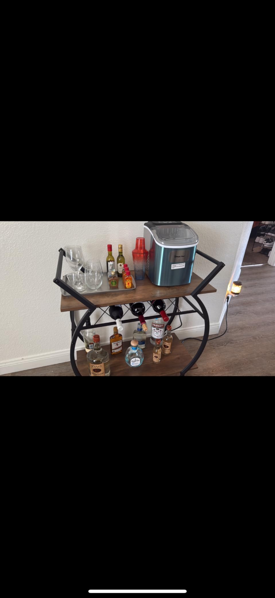 LVB Black Bar Cart with Wheels, Industrial Wine Cart with Storage for Home | Modern Bar Cart with Wine Rack, Beverage Rolling Kitchen Serving Cart, Wooden Microwave Drink Liquor Cart for Dining Room customer photo 2