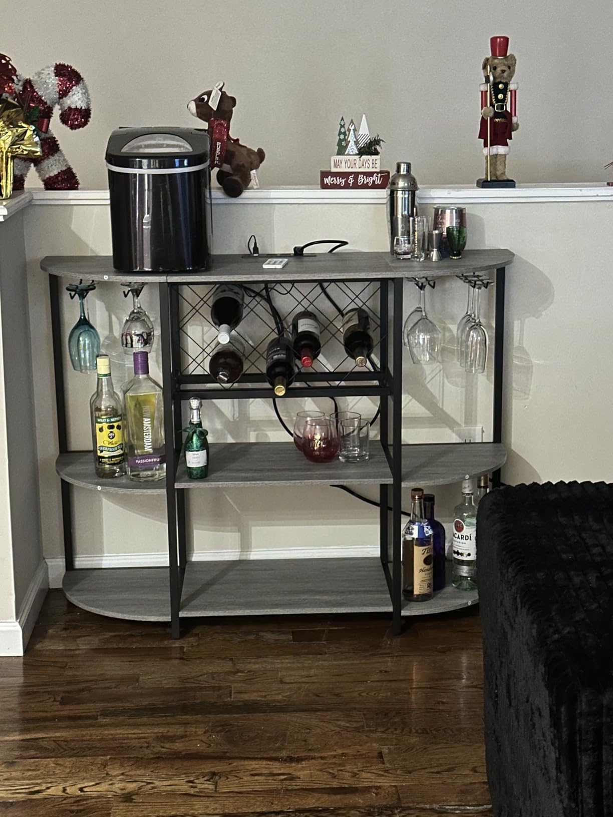 Unikito 4-Tier Metal Coffee Bar Cabinet with Outlet and LED Light | Freestanding Floor Bar Table, Liquor with Glass Holder, Wine Storage, Wine Table Bakers' Rack for Kitchen Dining Room, Black customer photo 1