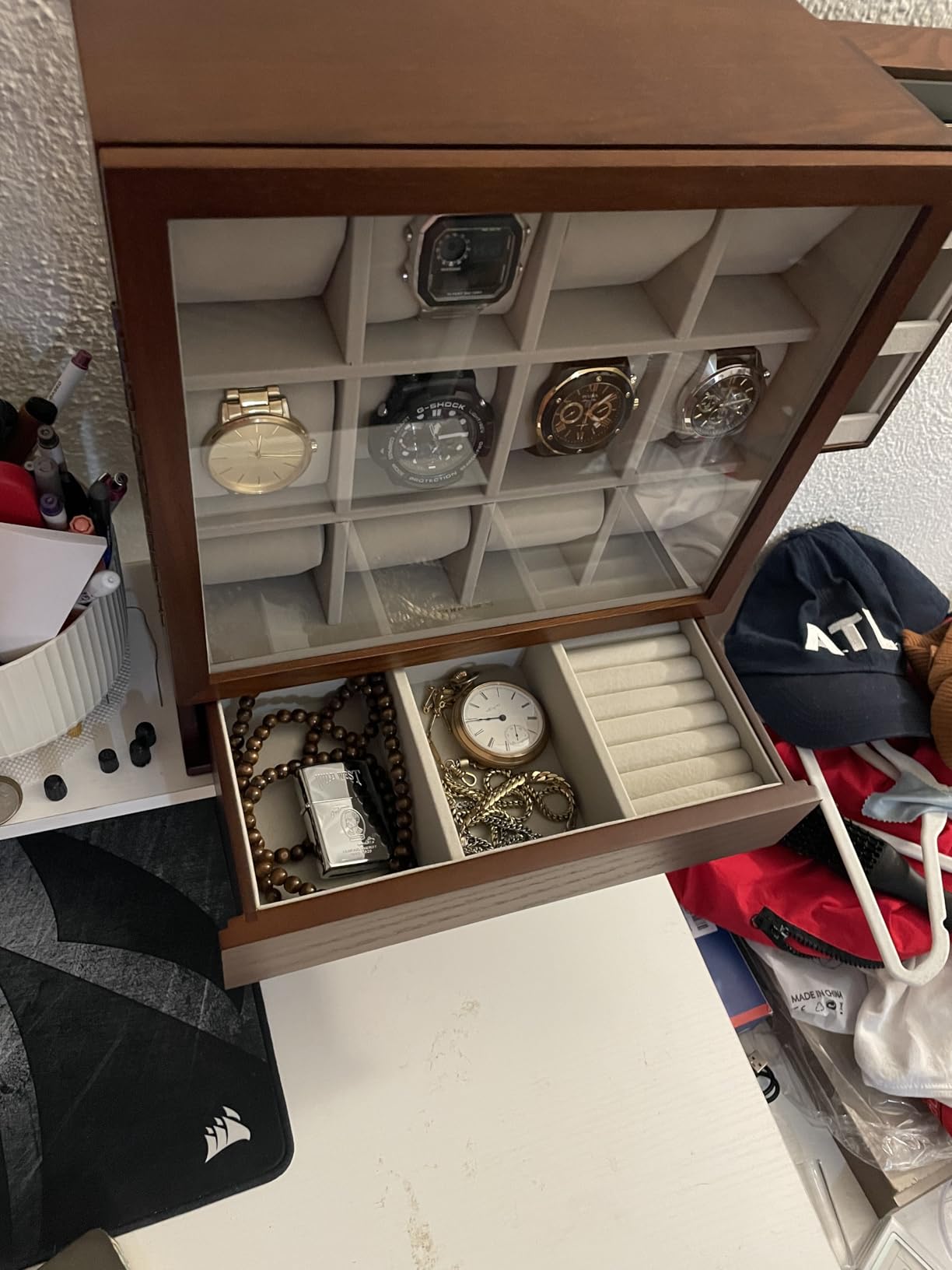 SONGMICS 12 Watch Display Case, Watch Box with Hidden Storage, Vertical Jewelry Box customer photo 1