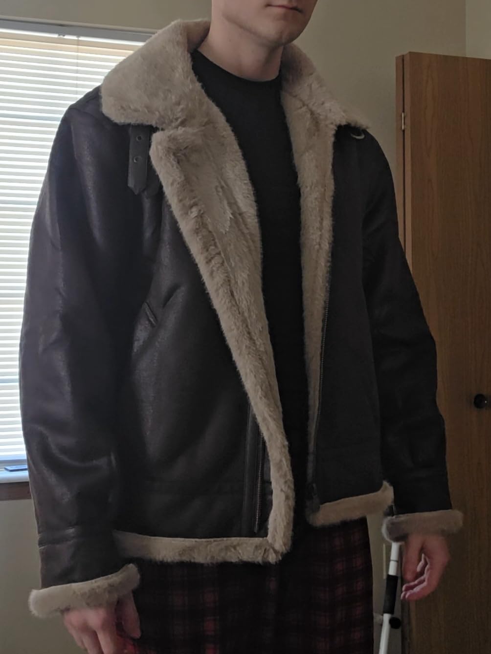 Mens Fur Outdoor Jacket Leather Bomber Shearling Cosplay Coat Brown customer photo 2