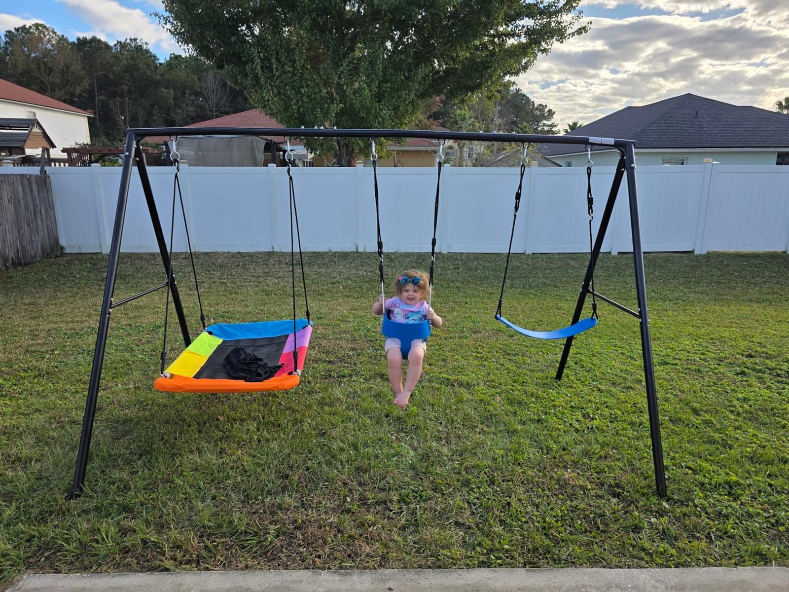 Hapfan 3 in 1 Swing Set for Backyard with Toddler, Platform and Belt Swing | 440lbs Capacity, Powder-coated Metal Stand, Compact Swing Sets for Small Backyard, ASTM Tested | CPSC Safety Compliant customer photo 2