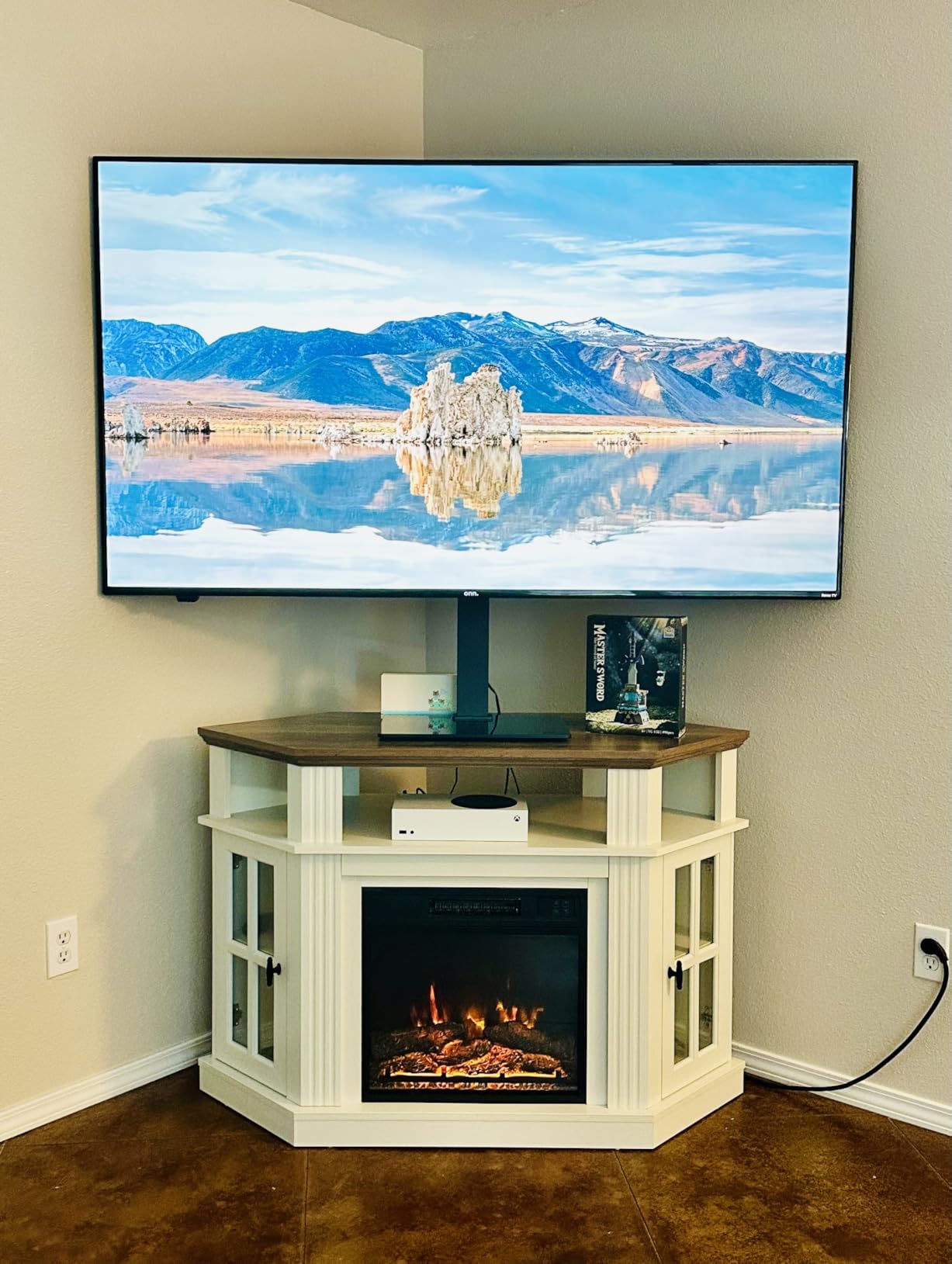 Flamaker Corner Fireplace TV Stand for TVs up to 55 Inch, White | Entertainment Center with 18 Inch Fireplace, Glass-Door Storage Cabinet, Open Shelf, Space-Saving Corner Design customer photo 1