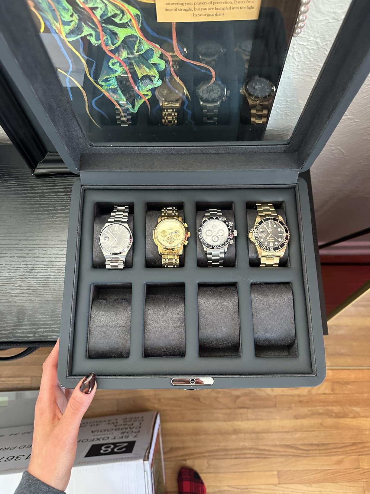 ROTHWELL 8 Slot Leather Watch Box with Valet Drawer - Luxury Case Display Jewelry Organizer, Locking Display Case Holder with Real Glass Top - Watch Box Organizer for Men & Women (Carbon) customer photo 1