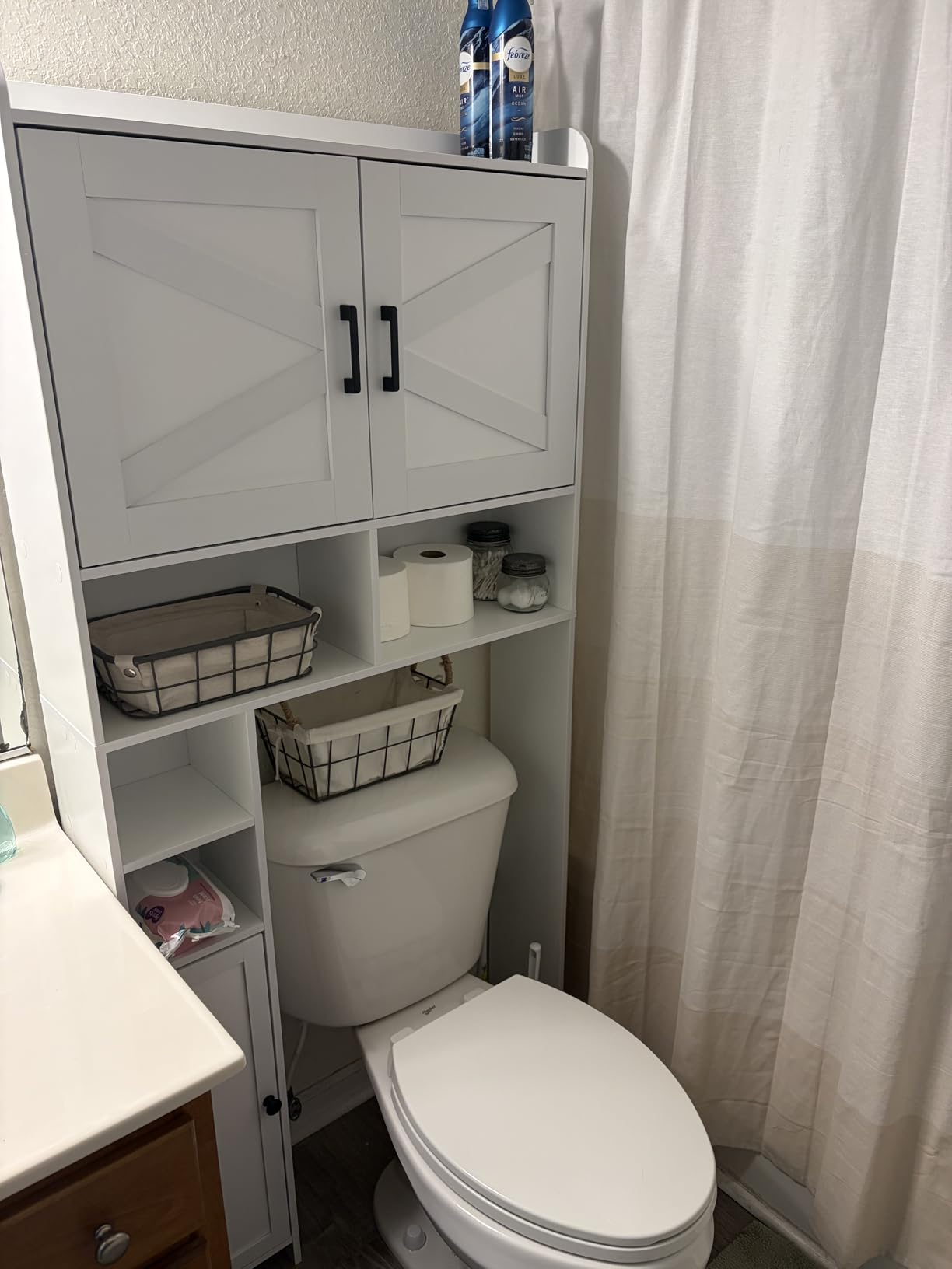 Homhedy Wooden Over The Toilet Storage Cabinet with Barn Door | Freestanding Bathroom Storage, Toilet Paper Holder, Adjustable Shelf, Space-Saving, Farmhouse Style, White customer photo 1