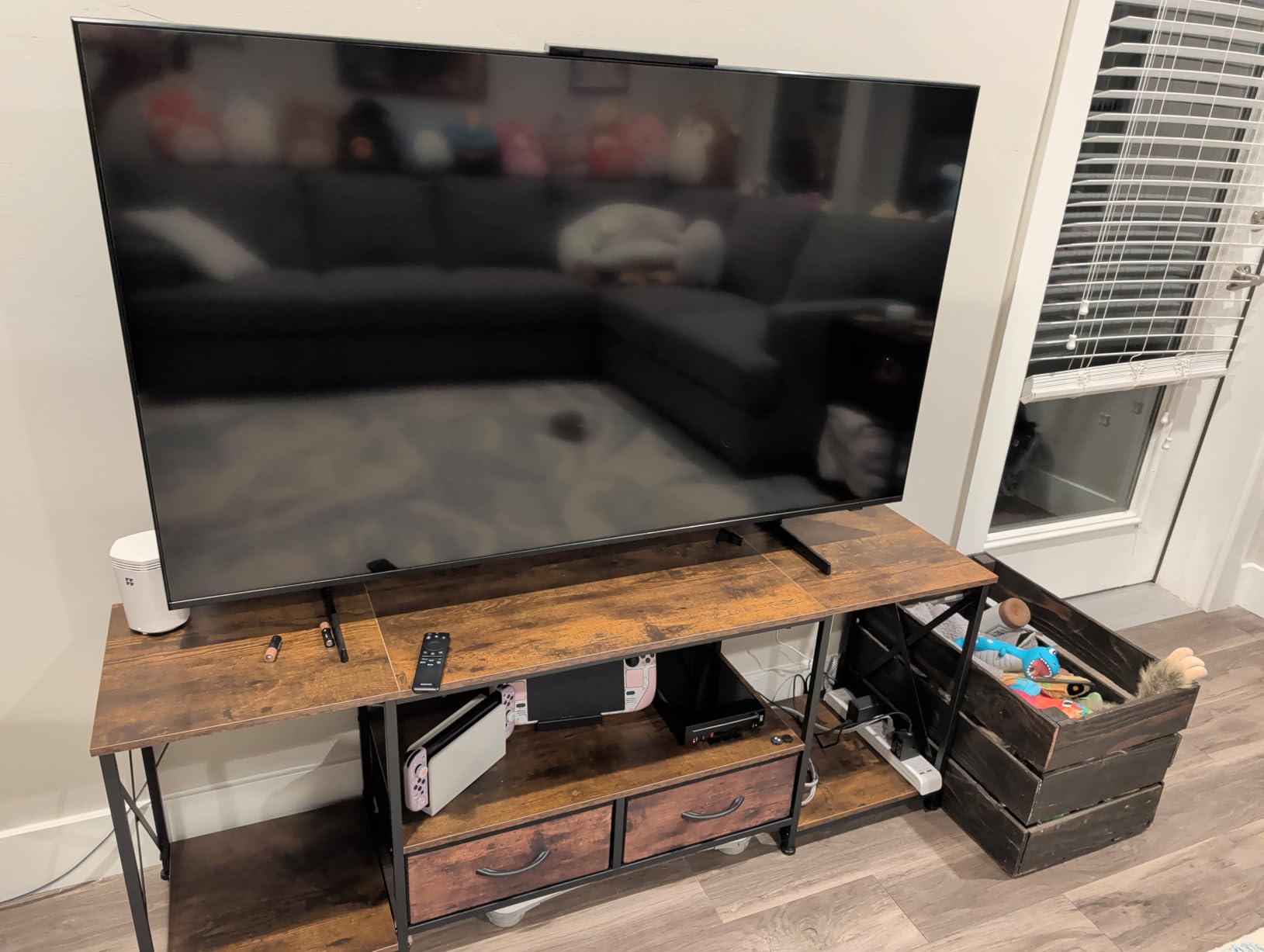 GYIIYUO TV Stand with Fabric Drawer - Entertainment Center and Industrial TV Console Table with Open Storage Shelves for Living Room, Bedroom - 55.1