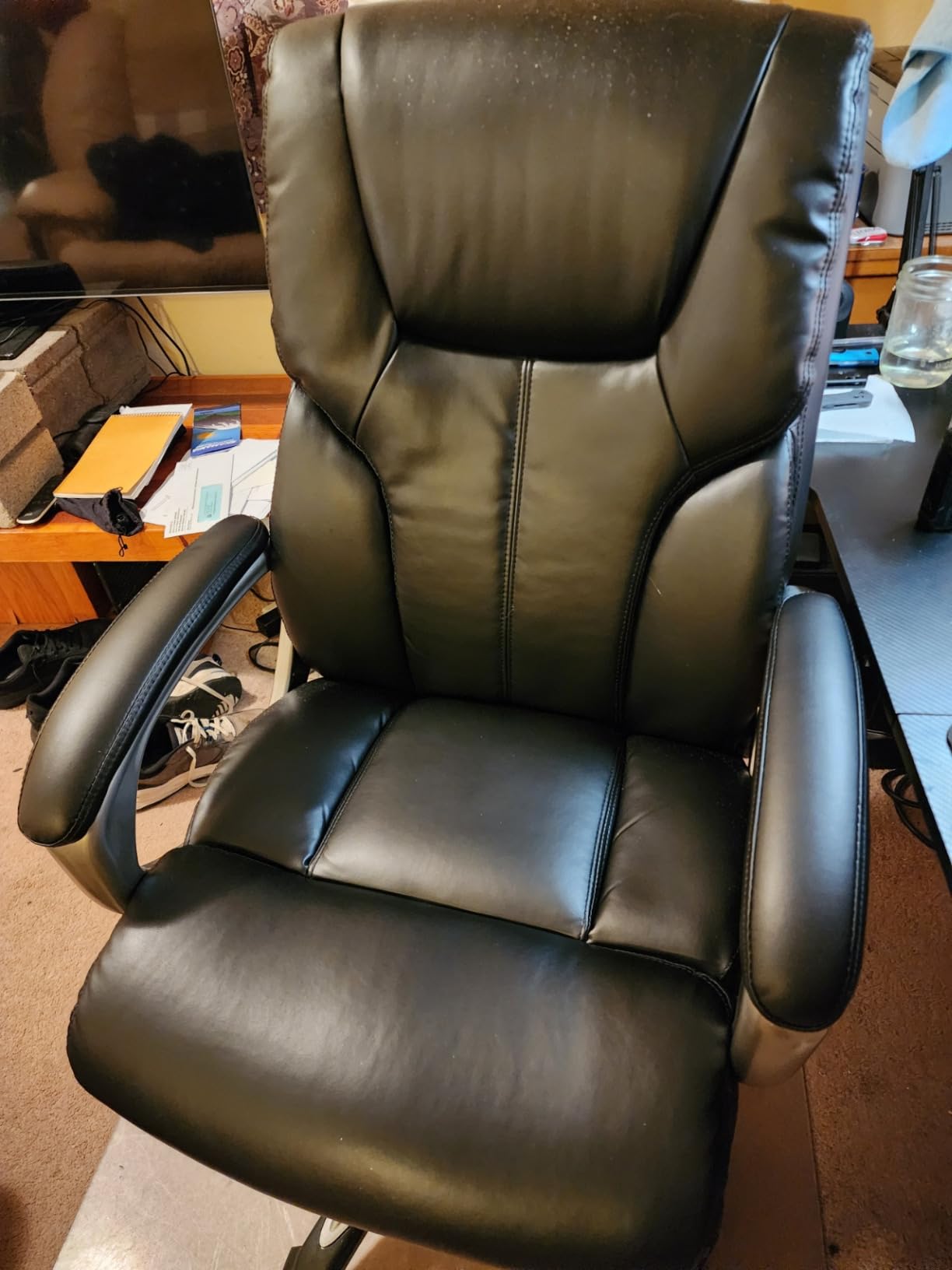 Amazon Basics Executive High Back Office Chair, Adjustable Height, Tilt, Swivel, Padded Seat, Bonded Leather, Wheels, Black/Silver customer photo 1