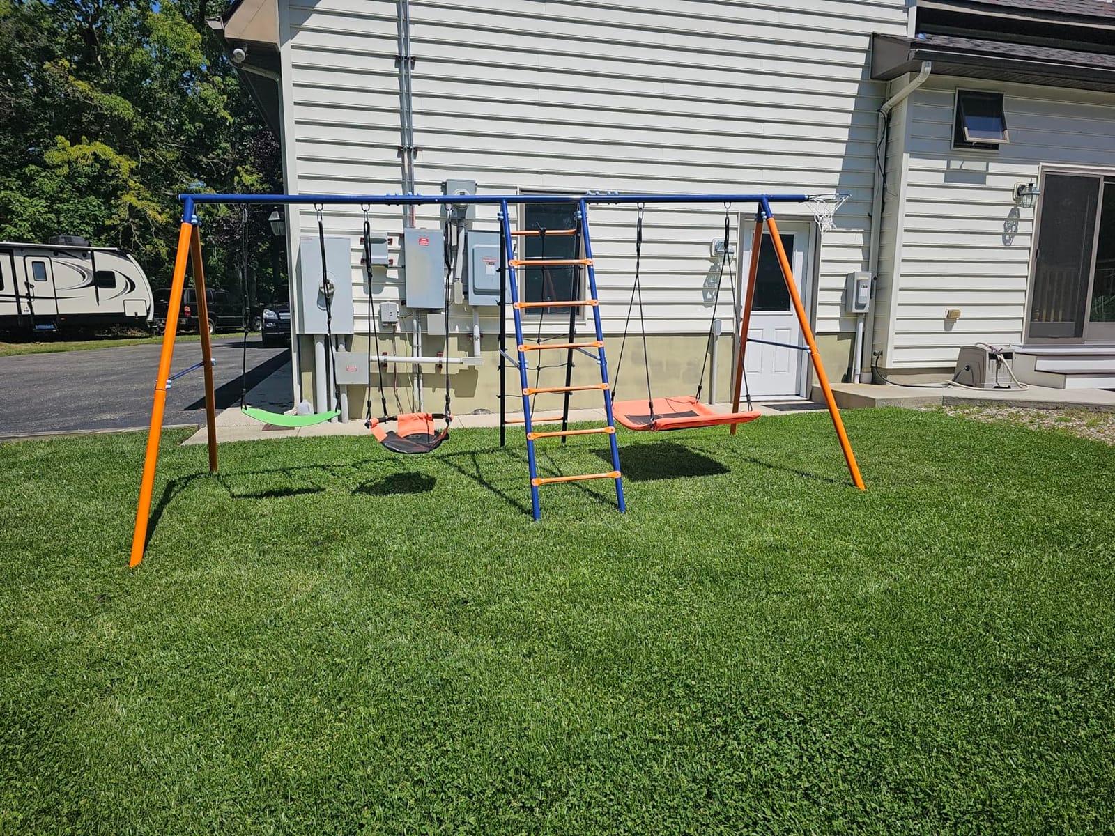 Swing Sets for Backyard 700 lb - 6 in 1 Playground Sets with 3 Swings Seats | Heavy Duty Metal Stand with Platform/Belt/Baby Swing, Climbing Ladder/Net, Easy Install, Outdoor Playset for Kids Family Fun customer photo 1