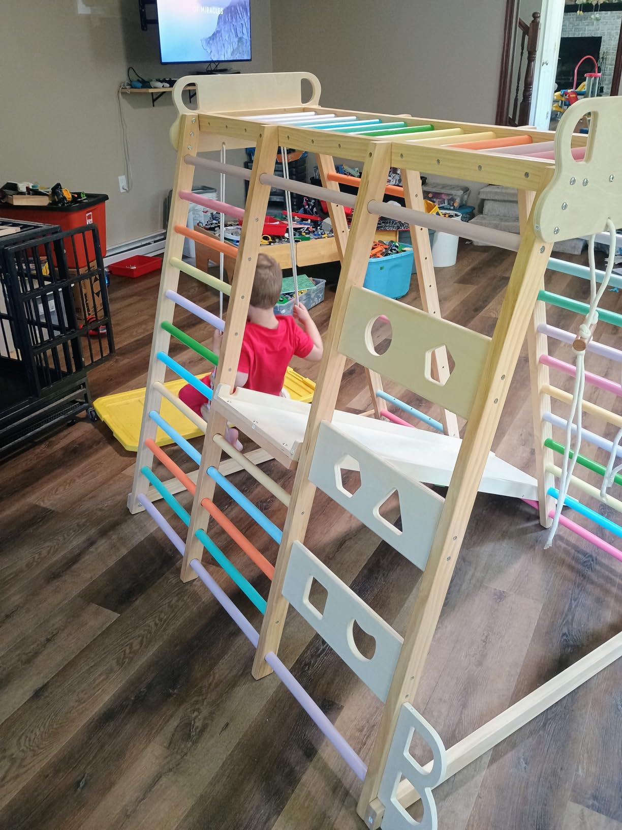 BlueWood Upgraded Indoor Jungle Gym 9-in-1 Playground Kids Climbing Toys | Waldorf Style Wooden Climber Playset with Slide, Swing, Monkey Bars, Upright/Rope Ladder, Climb Net, Rainbow customer photo 1