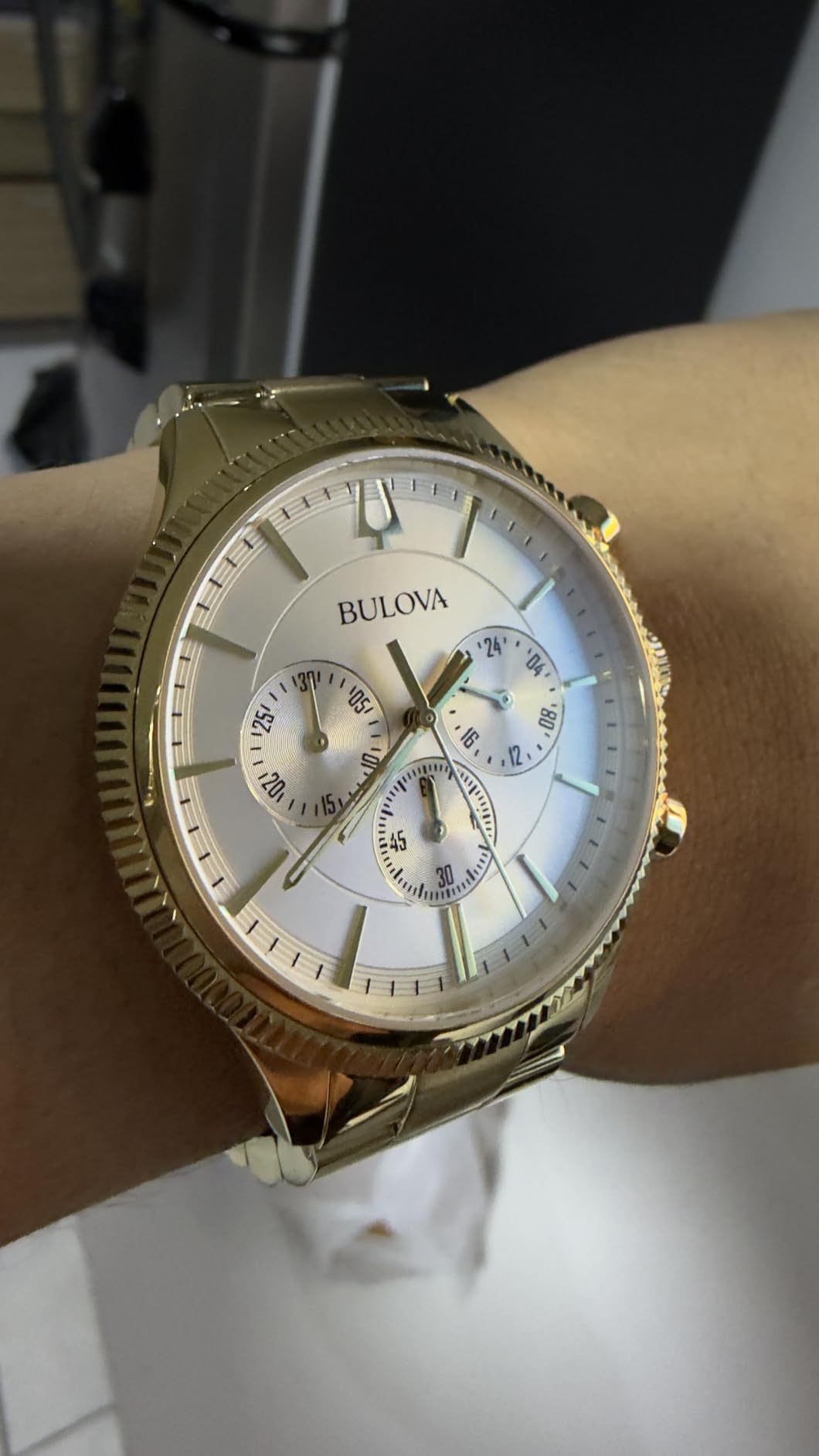 Bulova Men's Classic 6-Hand Chronograph Quartz Gold Stainless Steel Watch, 24 Hour Time, Luminous Hands, 43mm customer photo 2