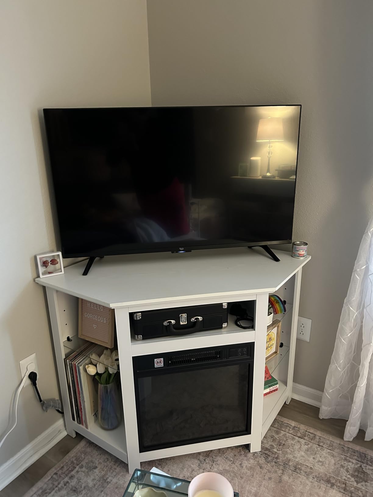 RELAX4LIFE Corner Fireplace TV Stand - Electric Fireplace Entertainment Center w/Heater Insert, LED Lights, APP Control & Adjustable Shelves, Media Console Cabinet for TVs up to 50’’ (White) customer photo 2