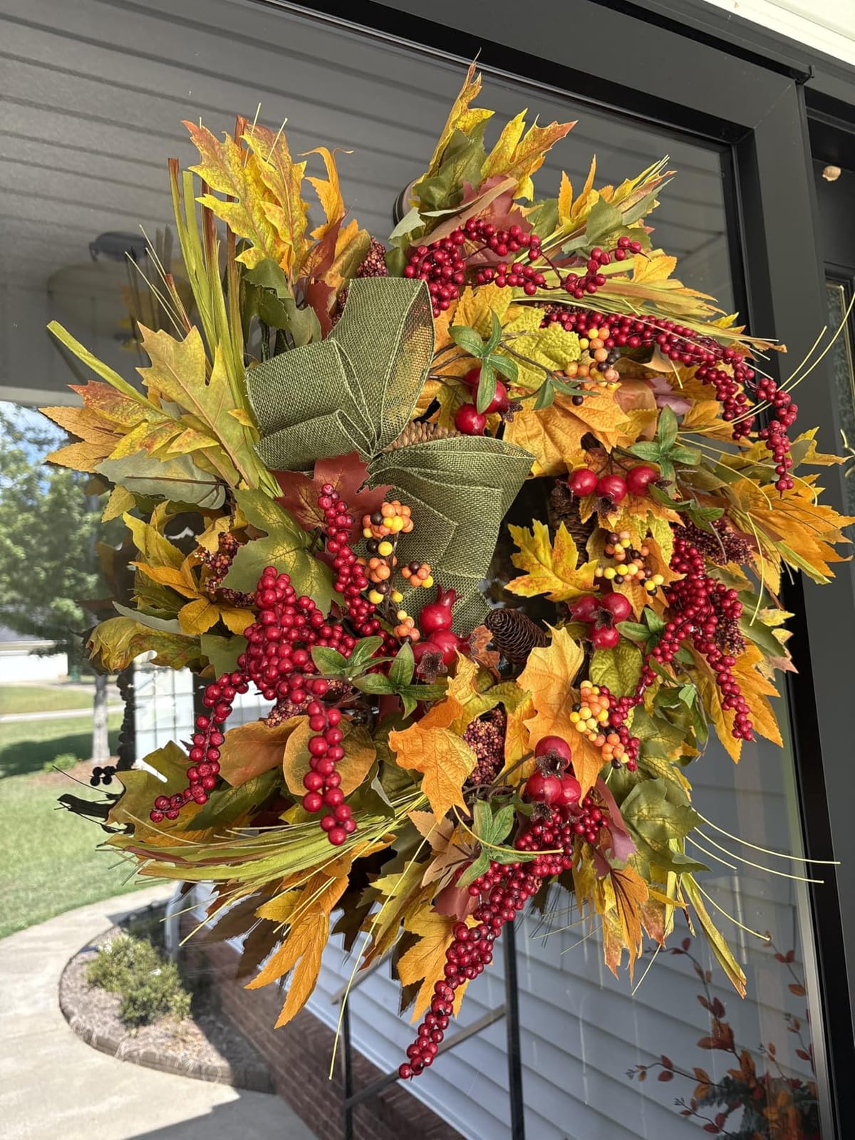 24 Inch Artificial Silk Harvest Fall Wreaths for Front Door with Green Bow customer photo 1