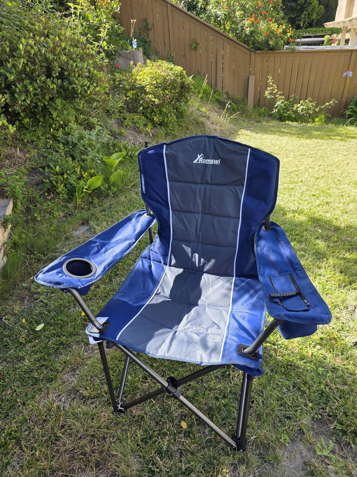 Romswi Oversized Camping Chairs,Heavy Duty Support 500 LBS,Padded Back & Arm Sport Chairs, Cup Holder Cooler Bag, Collapsible Folding Chairs for Outdoor, Fishing & Garden, Black,2-Pack customer photo 2
