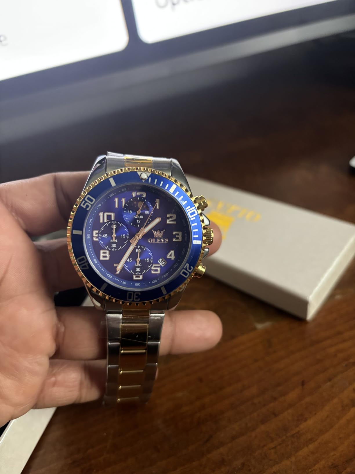 Mens Watches Chronograph Luxury Dress Moon Phase Two Tone Stainless Steel Waterproof Luminous Business Calendar Wrist Watch customer photo 1